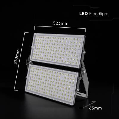 LED-Flutlicht mit zwei rechteckigen Paneelen, 530 mm hoch, 523 mm breit und 65 mm tief, vor einem dunklen Hintergrund dargestellt.