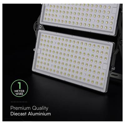 Rechteckige LED-Lichtplatte mit zahlreichen kleinen Leuchtdioden, montiert auf einem schwarzen Rahmen. Text darunter liest sich ‚Premium-Qualität, Druckguss-Aluminium', daneben ‚1 METER KABEL' in einem Kreis.