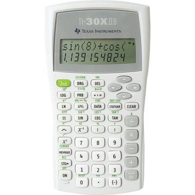 Ein weißer TI-30X IIB Taschenrechner zeigt das Ergebnis '1.139154824' für den Ausdruck 'sin(8)+cos(1)'. Er verfügt über ein Display mit zwei Zeilen und verschiedenen Funktionstasten.