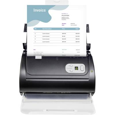 Ein Scanner, der eine Rechnung mit dem Titel 'Rechnung' für 'Plustek' druckt, mit Artikelliste, Mengen, Preisen und Gesamtbetrag von 184,00 EUR.
