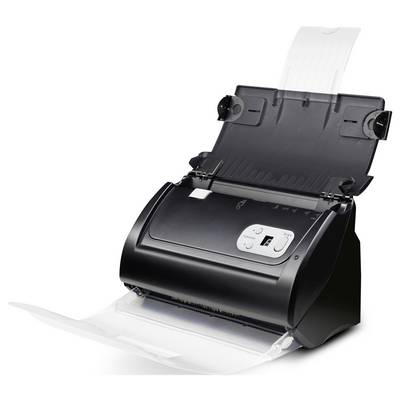 Ein schwarzer Dokumentenscanner mit geöffnetem Papierfach und einem eingelegten Blatt Papier, bereit zum Scannen.