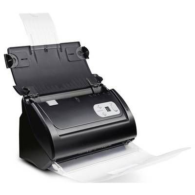 Ein offener schwarzer Dokumentenscanner auf einem weißen Hintergrund, mit einem eingelegten Blatt, bereit zum Scannen.