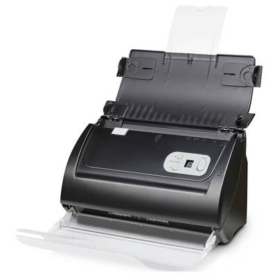 Ein geöffneter Dokumentenscanner mit einem Blatteinzug, bereit zum Scannen von Dokumenten. Mehrere Steuerungstasten sind auf der Frontblende sichtbar.