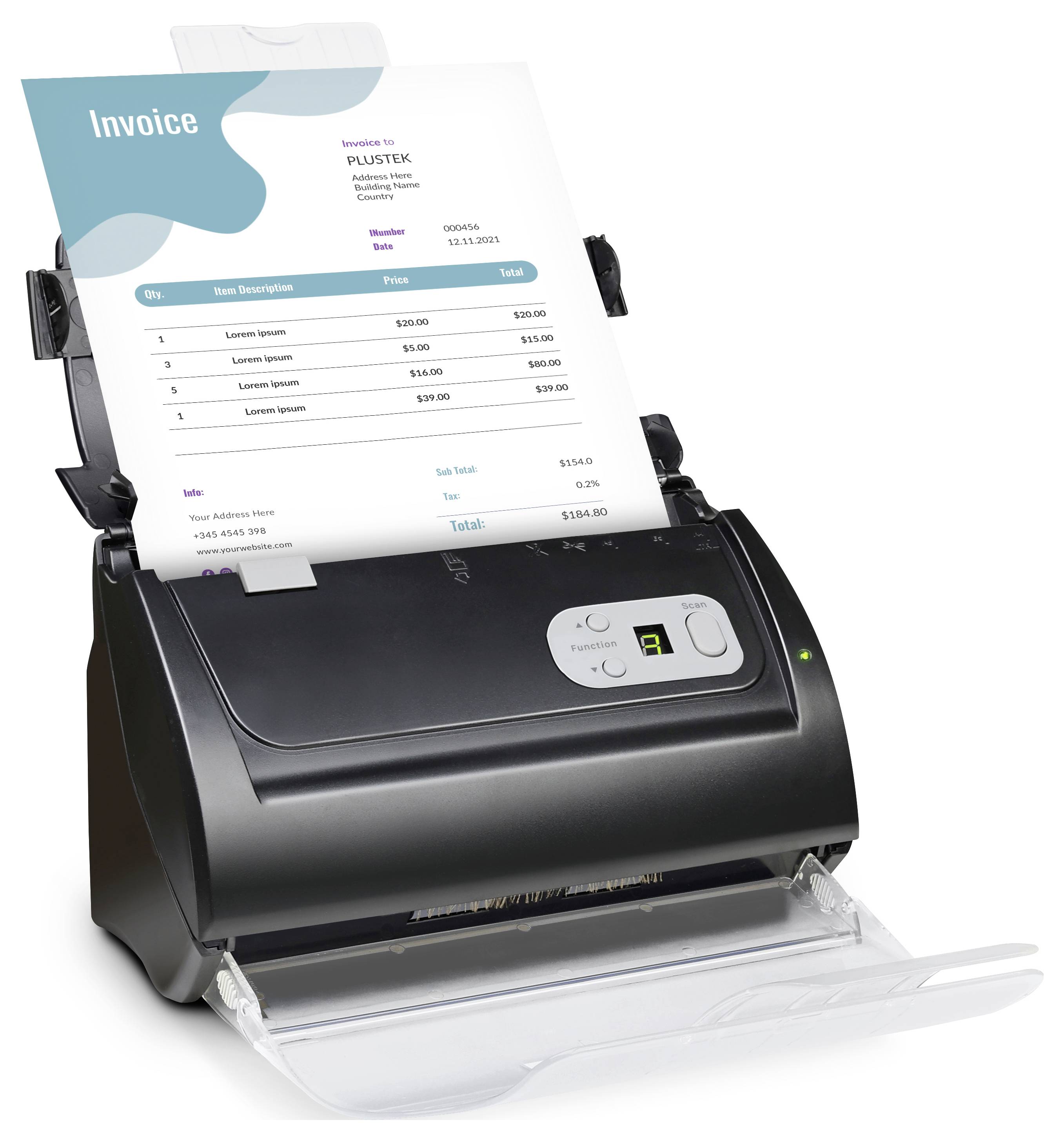 Ein Büroscanner, der ein Rechnungsdokument verarbeitet, das die einzelnen Positionen mit einer Gesamtsumme von 159,45 $ und dem Datum 11.12.2023 zeigt.