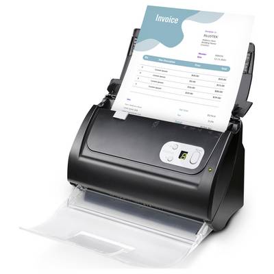 Ein schwarzer Scanner mit einem teilweise gescannten 'Rechnung'-Dokument, auf dem Artikelbeschreibungen und Preise zu sehen sind.