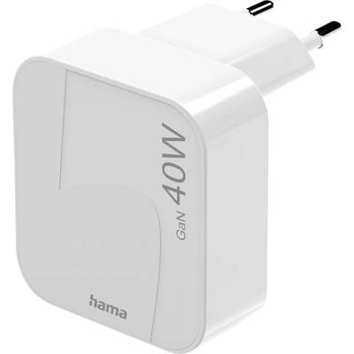 Ein weißer 40W Hama GaN-Ladegerät mit europäischem Stecker, entwickelt für effiziente Stromversorgung.