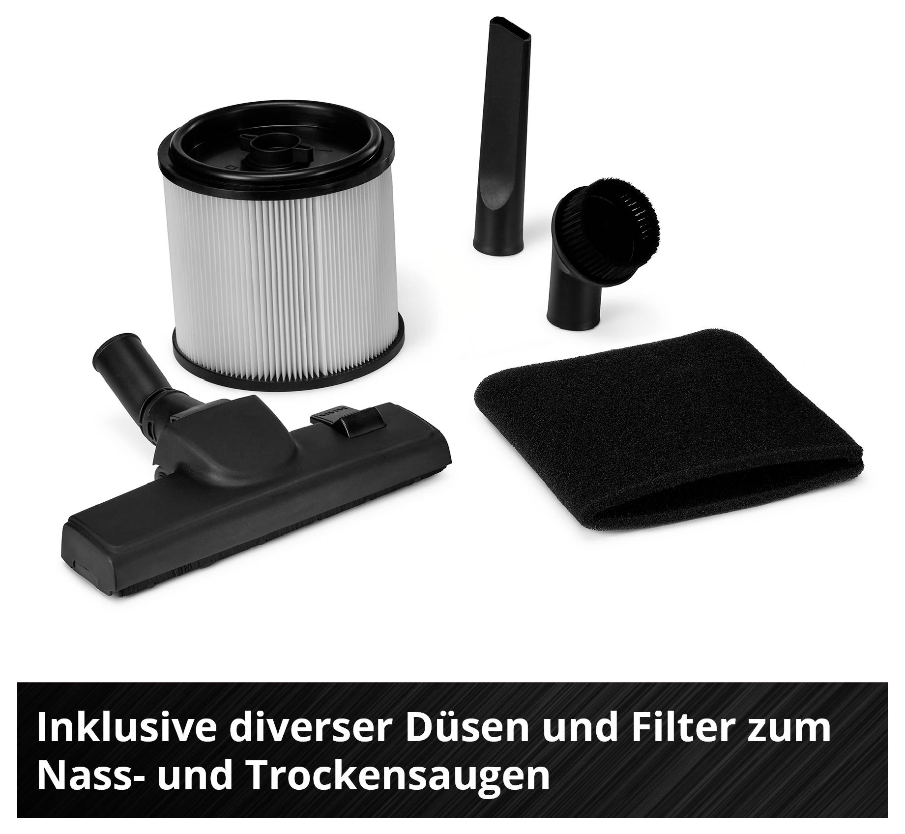 Verschiedene Düsen und Filter werden gezeigt, die für Nass- und Trockensaugen vorgesehen sind.