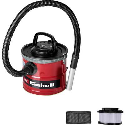 Roter Kanister-Staubsauger mit schwarzem Schlauch und Griff, mit der Aufschrift 'Einhell'. Enthält zwei Filter, die separat unterhalb des Staubsaugers gezeigt werden.