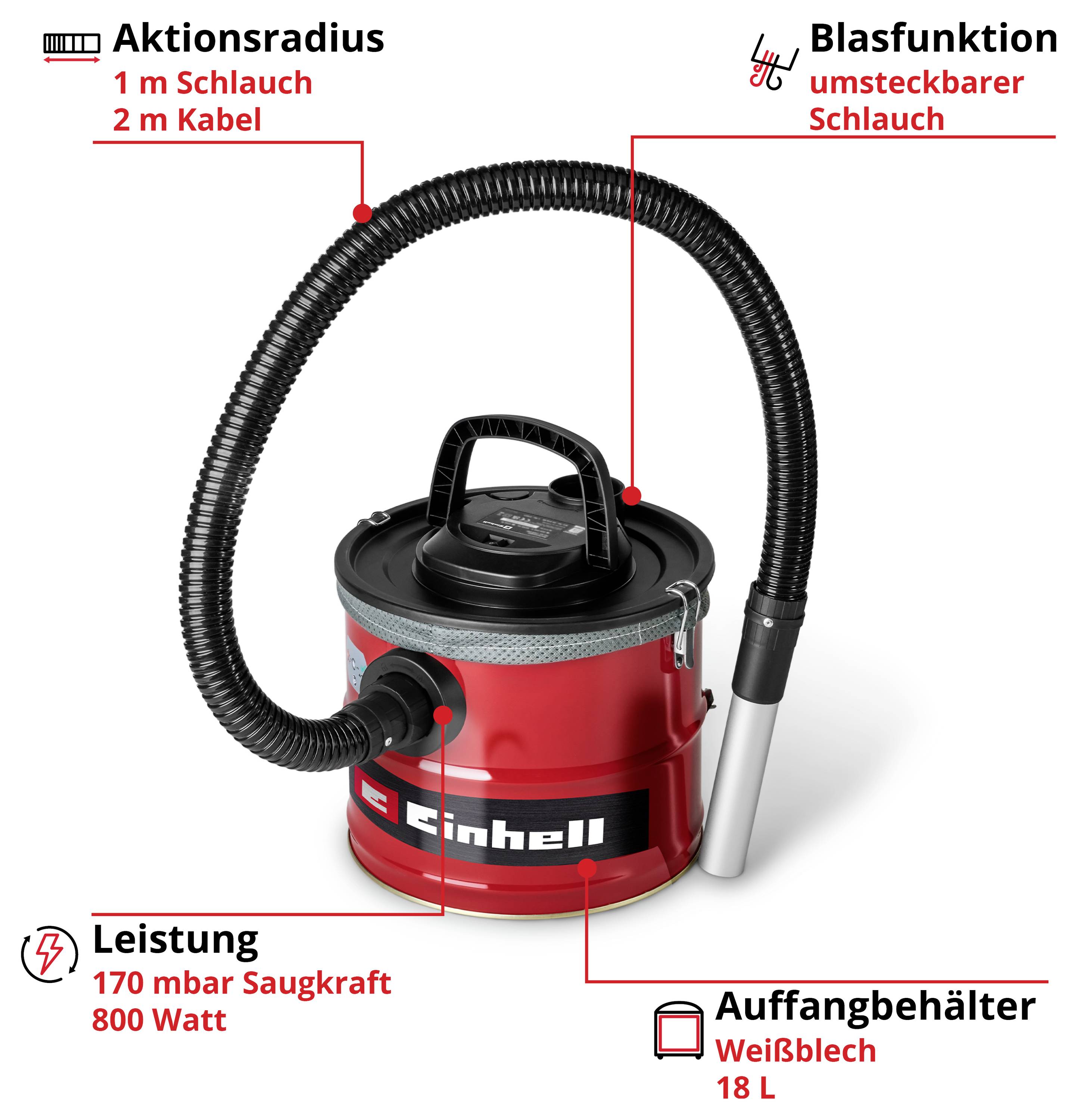 'Einhell Aschesauger': Roter Behälter, 18L, mit Blasfunktion. 170 mbar Saugleistung, 800 Watt. 2 m Kabel, 1 m Schlauch.