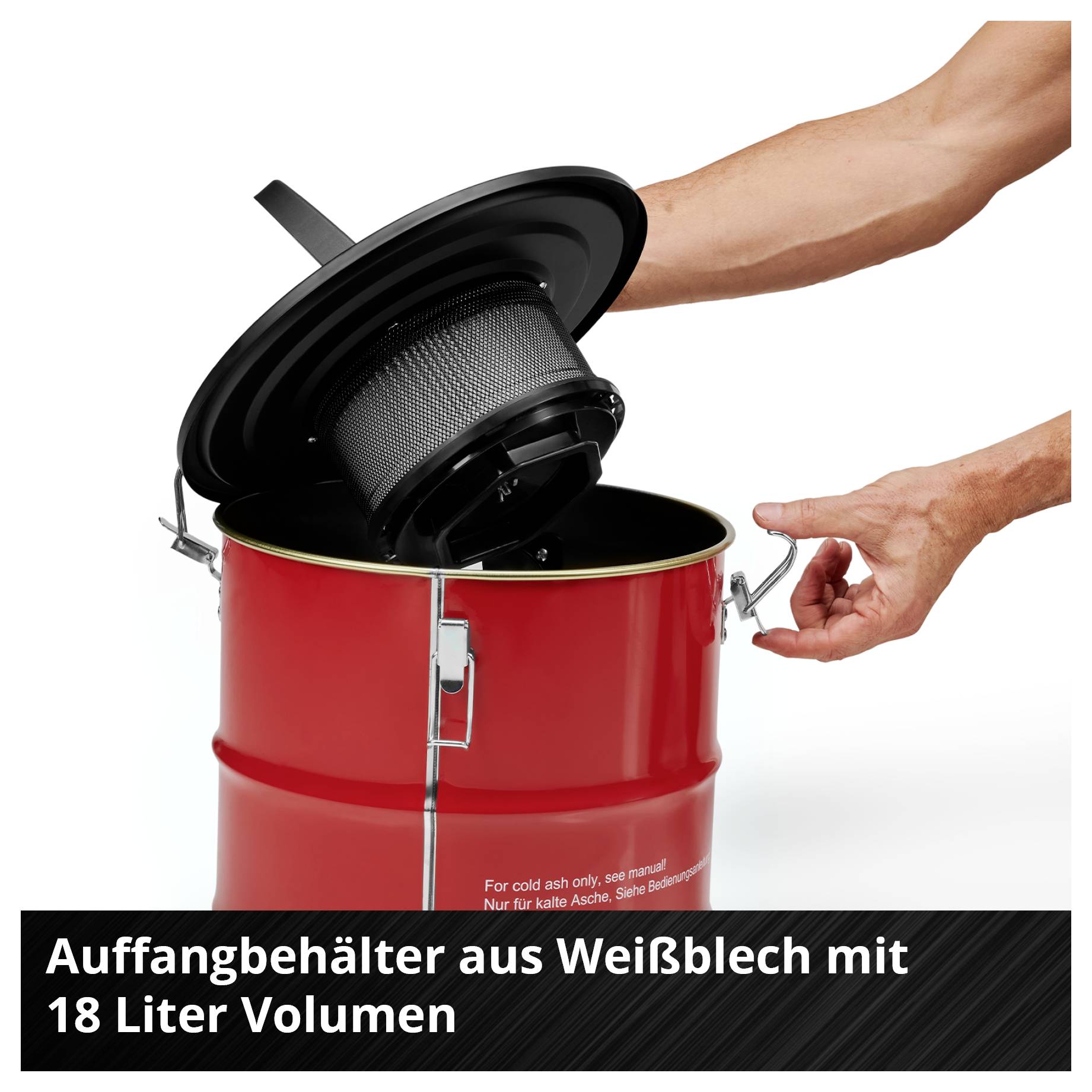 Roter Auffangbehälter aus Weißblech mit offenem Deckel und Filter. Beschriftet mit 'Auffangbehälter aus Weißblech mit 18 Liter Volumen'.
