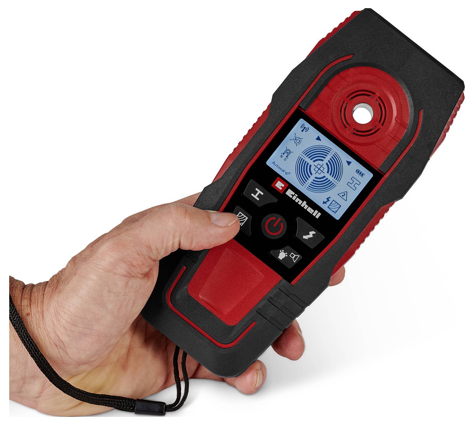 Eine Hand hält einen digitalen Wandscanner, der einen Bildschirm mit Symbolen zum Erkennen von Holz, Metall und Spannung zeigt.