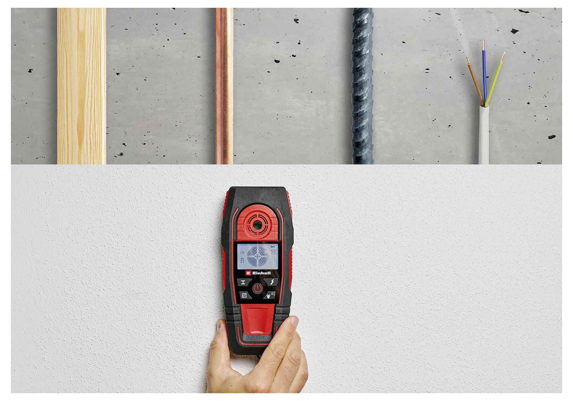 Eine Hand hält einen digitalen Detektor gegen eine Wand und zeigt Symbole für Holz, Metall und Drähte an. Im oberen Bereich sind verschiedene Materialien sichtbar.