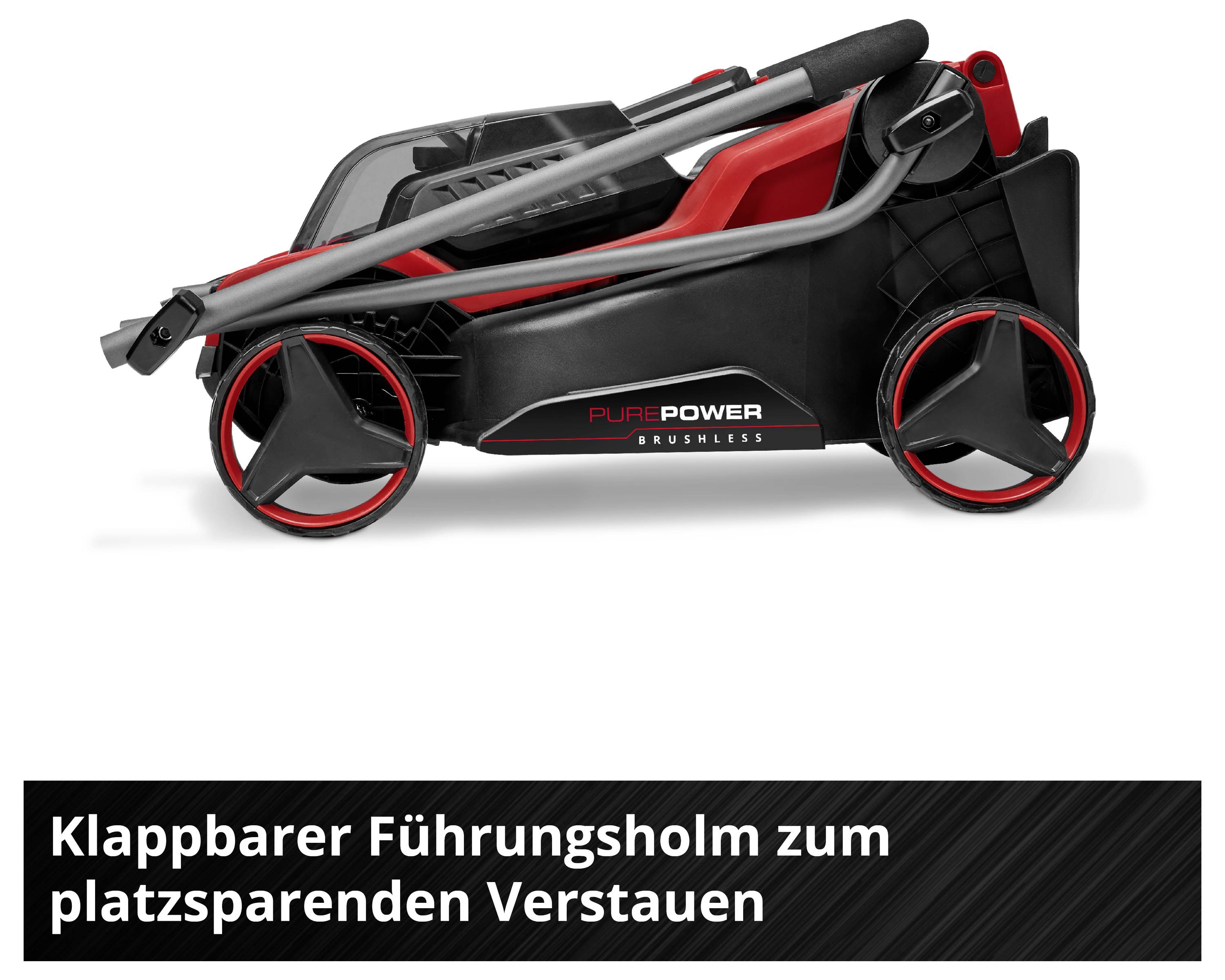 'Klappbarer Führungsholm zum platzsparenden Verstauen' zeigt einen kompakten Rasenmäher mit zusammenklappbarem Griff.