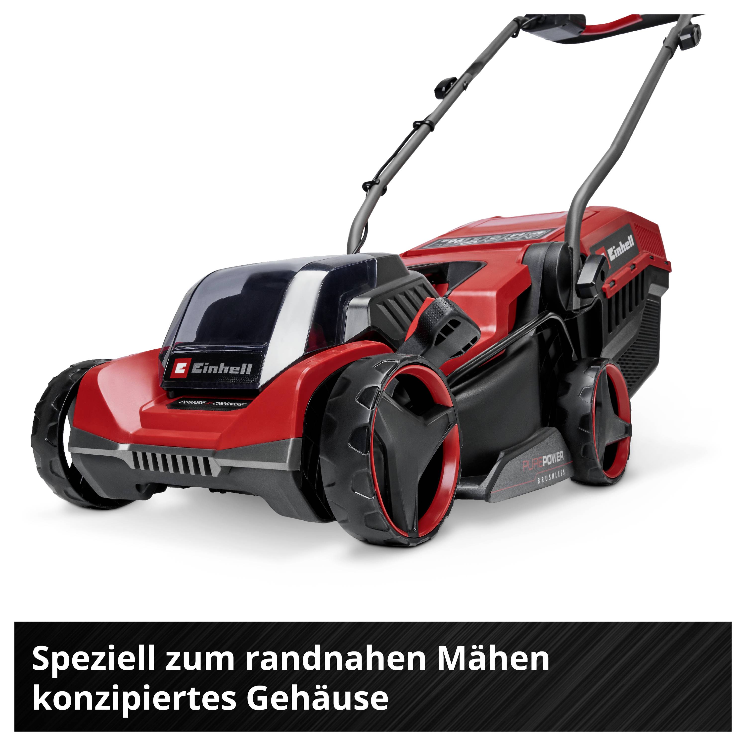 Ein roter Rasenmäher mit großem Griff und großen Vorderrädern. Darunter steht: 'Speziell zum randnahen Mähen konzipiertes Gehäuse'.