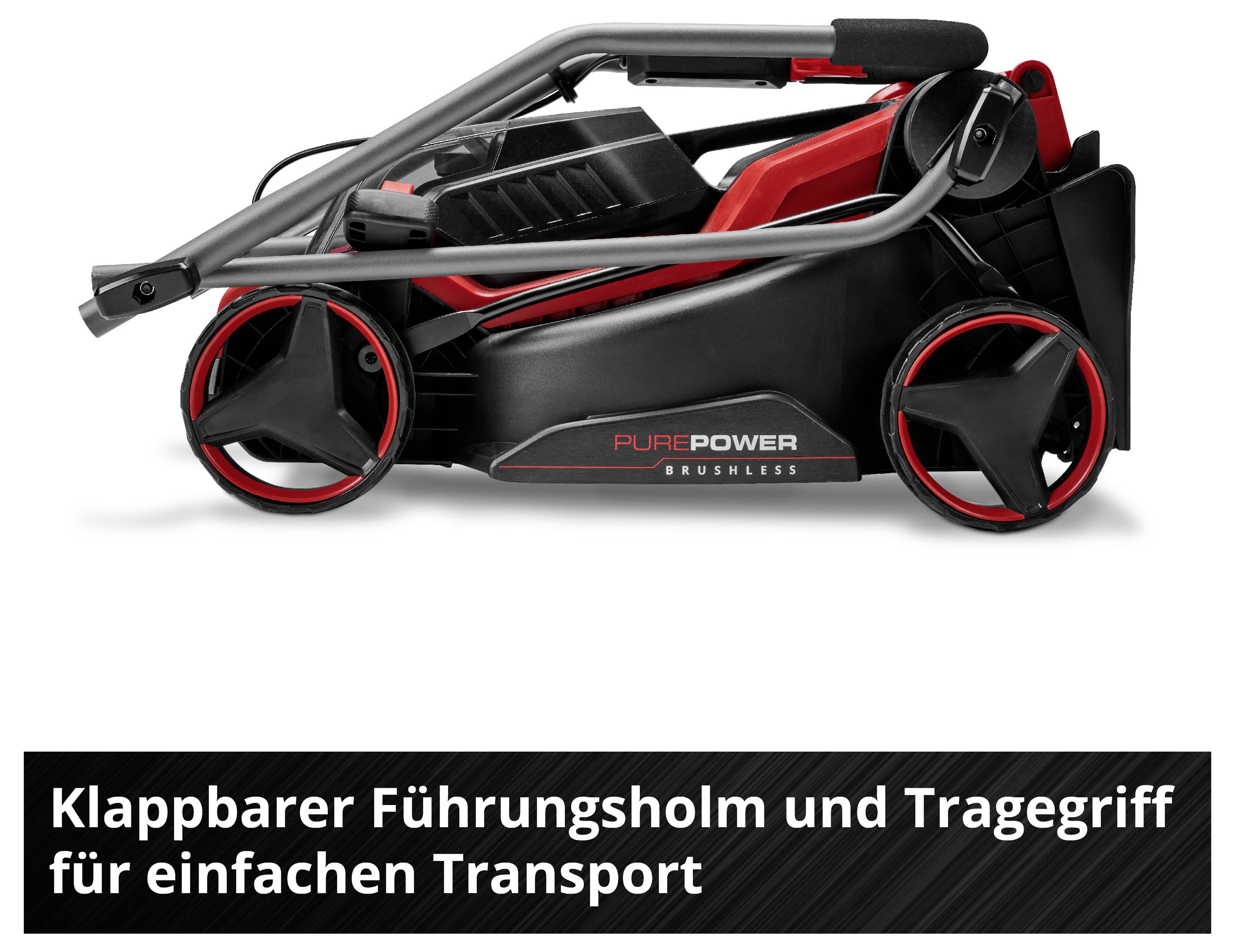 'Klappbarer Führungsholm und Tragegriff für einfachen Transport' zeigt einen leicht faltbaren Rasenmäher mit rotem und schwarzem Design.
