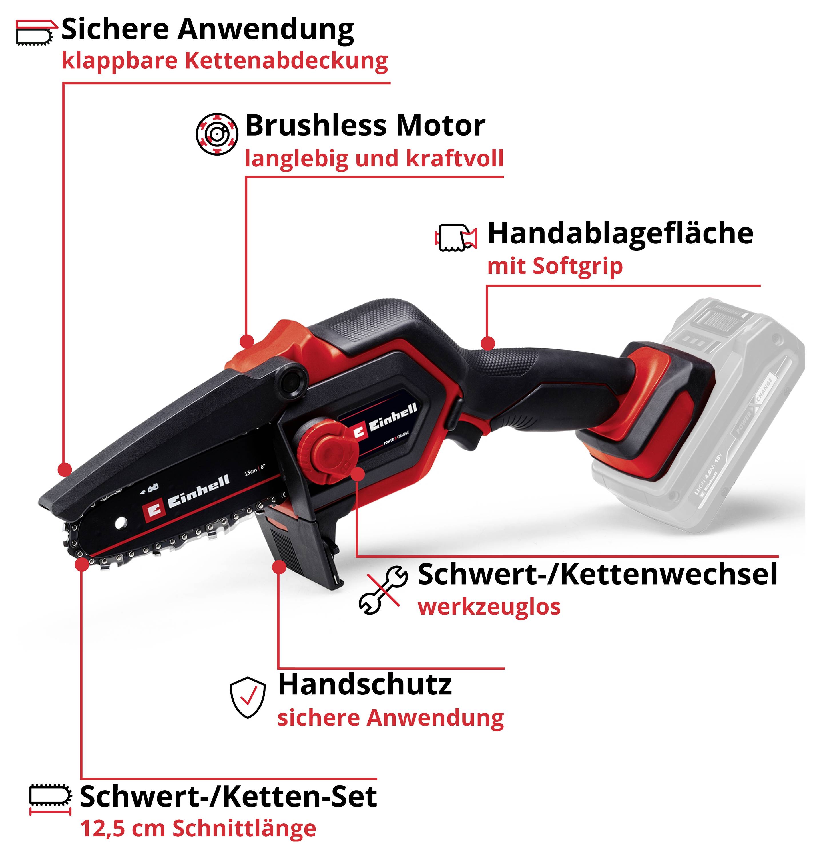'Akkukettensäge mit Brushless Motor, Handablagefläche, klappbare Kettenabdeckung, 12,5 cm Schwert, leichter Schwert-/Kettenwechsel.'