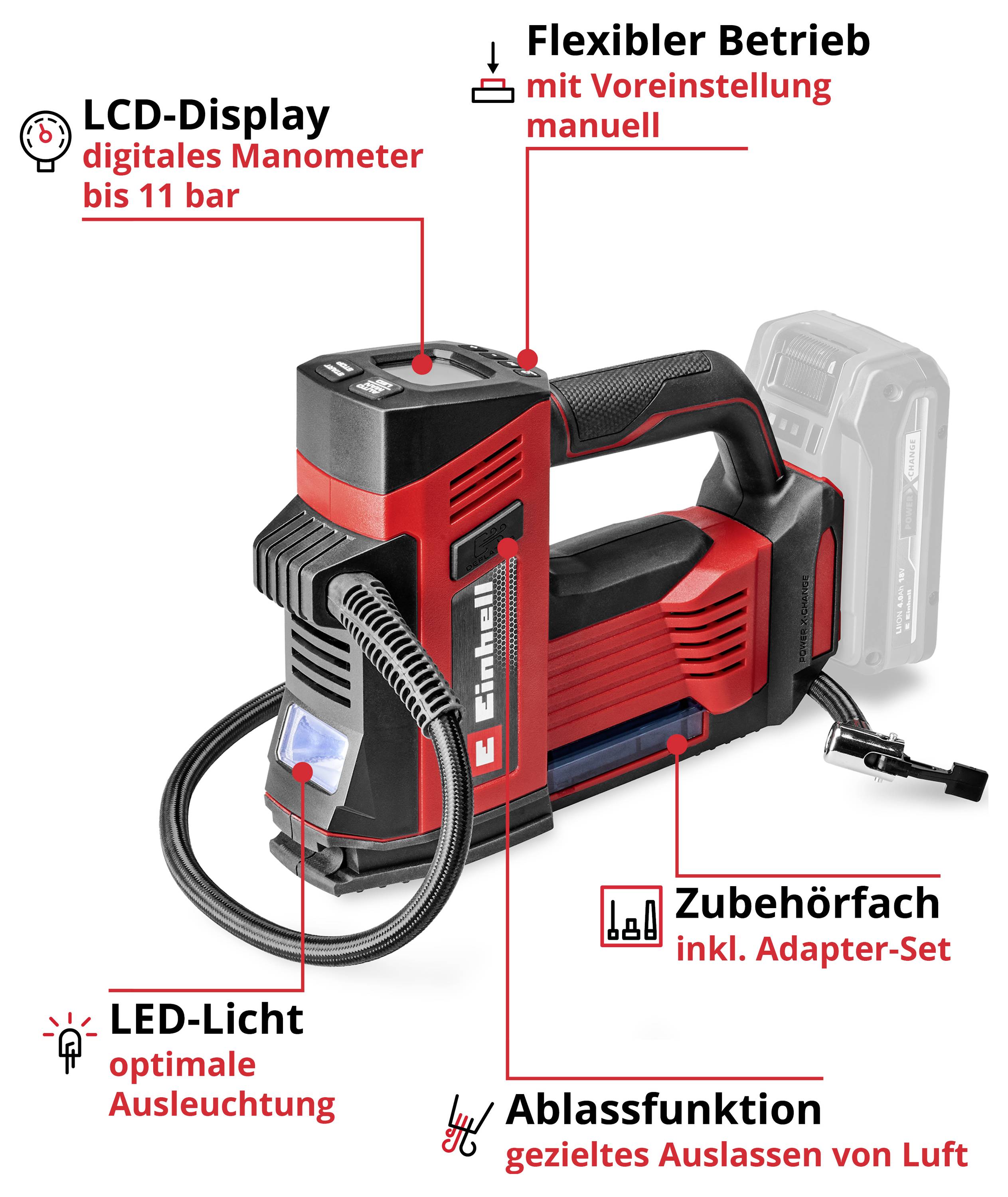 Batteriekompressor mit LCD-Display, flexiblem Betrieb, LED-Licht, Zubehörfach und Ablassfunktion. Zeigt 11 bar Druck.