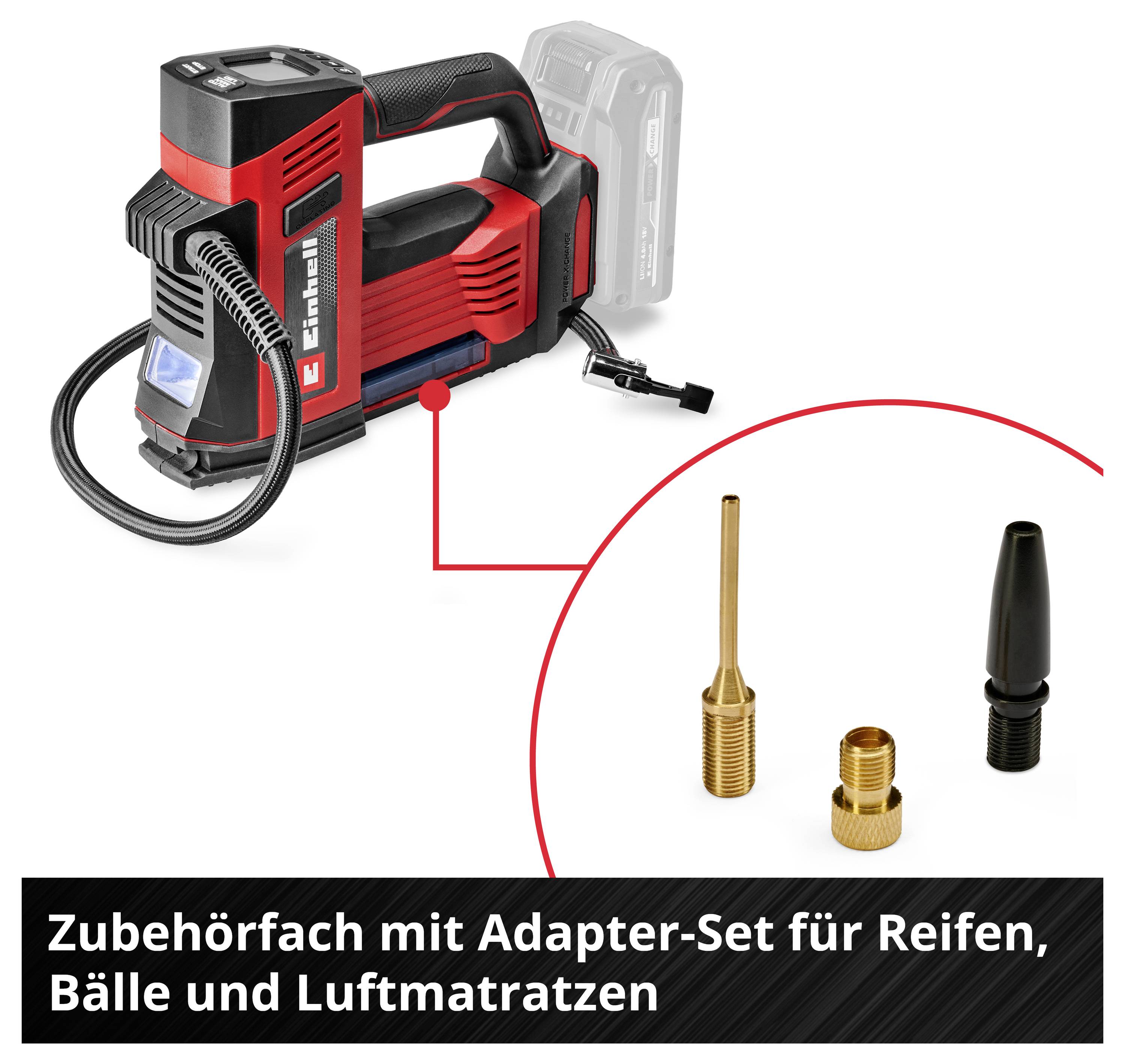 Ein roter Kompressor mit Zubehörfach und Adapter-Set für Reifen, Bälle und Luftmatratzen.