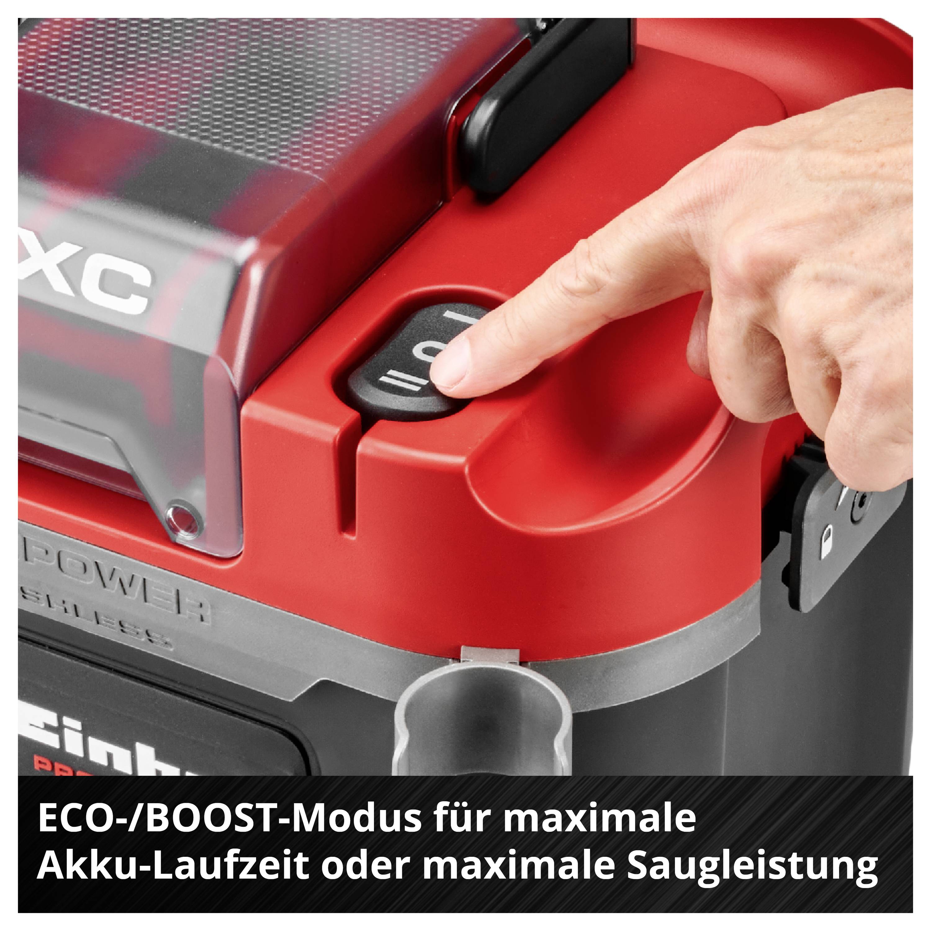 Finger drückt Taste; Text: 'ECO-/BOOST-Modus für maximale Akku-Laufzeit oder maximale Saugleistung'.