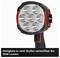 'Akku-Strahler mit sieben LEDs. Helligkeit in zwei Stufen bis 2500 Lumen einstellbar, schwarz-rot gestaltet.'