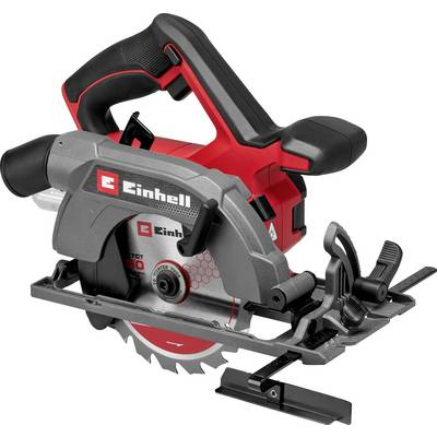 Eine rote und schwarze Kreissäge der Marke 'Einhell' mit einem scharfen Sägeblatt und einer verstellbaren Basis für präzise Schnitte.