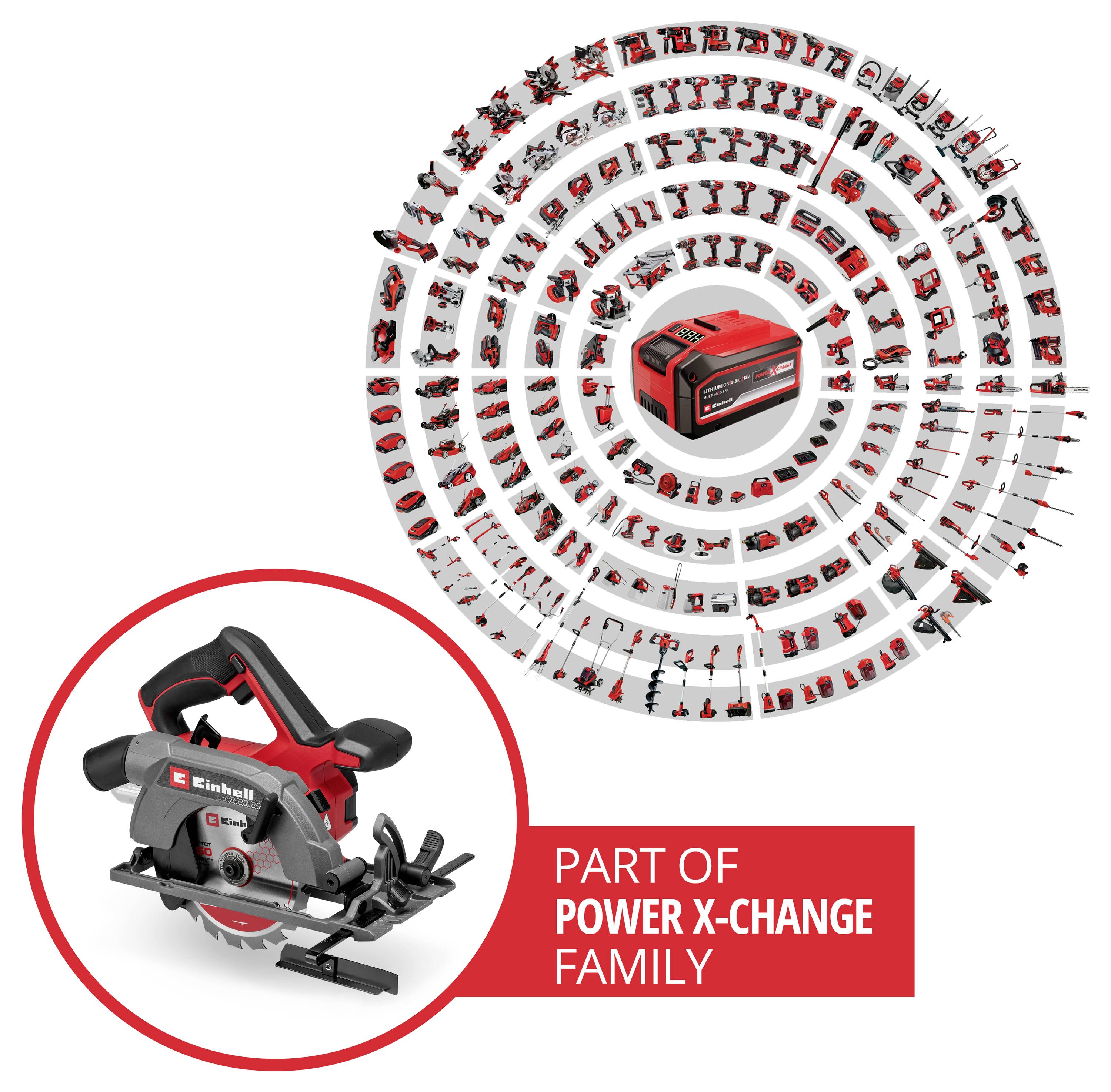 Ein Kreisarray verschiedener Elektrowerkzeuge umgibt eine zentrale Batterie, mit dem Fokus auf einer roten Kreissäge. Text lautet: "Teil der Power X-Change Familie".
