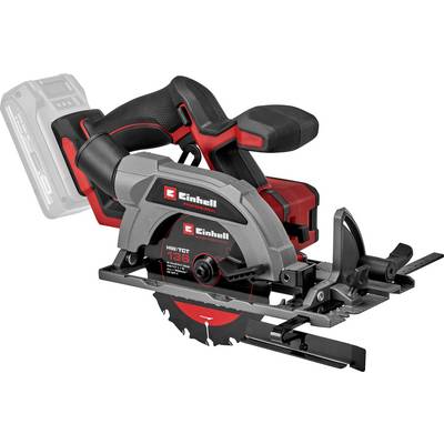 Eine kabellose Kreissäge mit einem rot-schwarzen Design, beschriftet mit 'Einhell Professional', die ihre Sägeblatt und Griffhandhabung zeigt.
