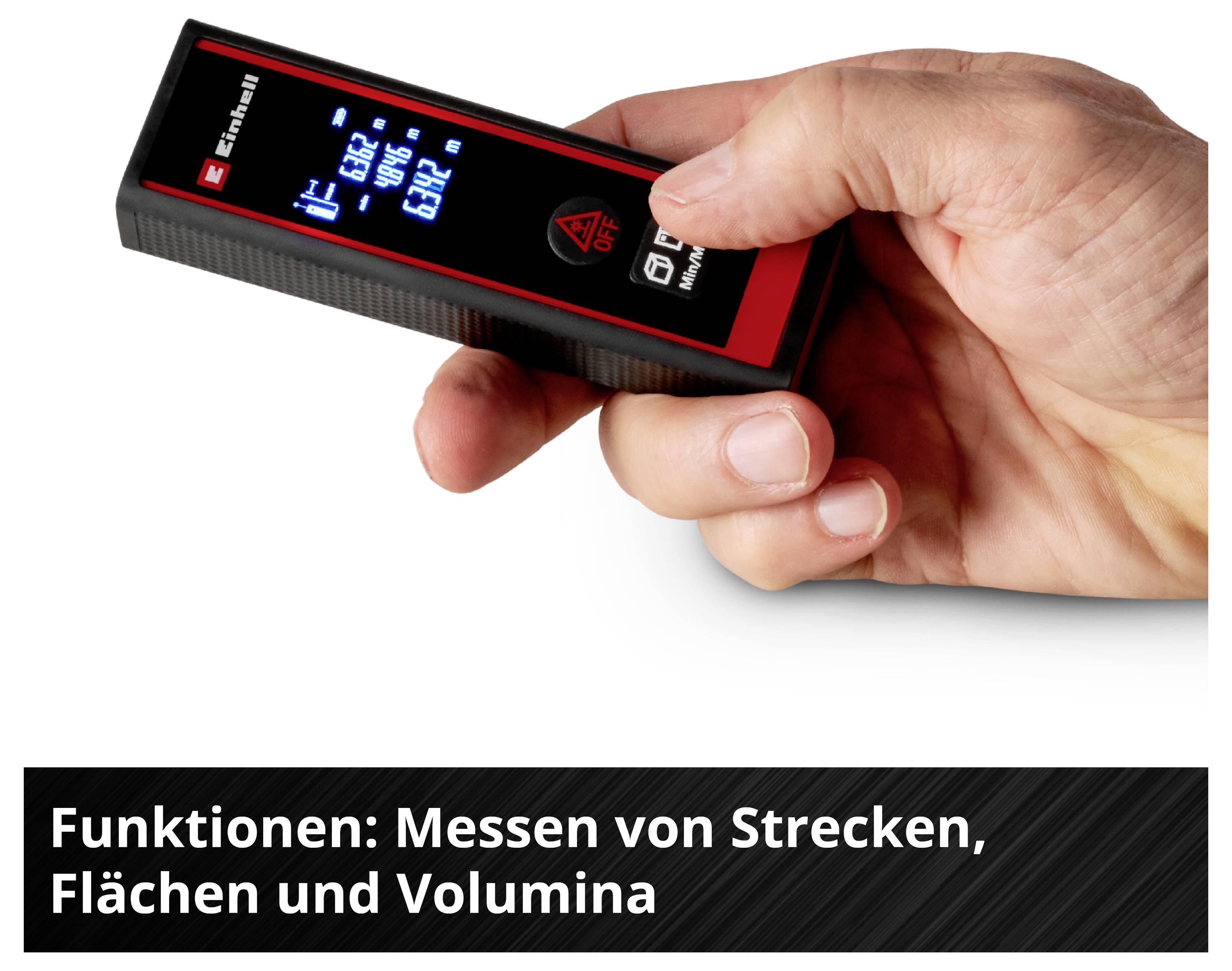 Ein Hand hält ein digitales Laser-Messgerät. Auf dem Display sind Messwerte zu sehen. Text darunter: 'Funktionen: Messen von Strecken, Flächen und Volumina'.