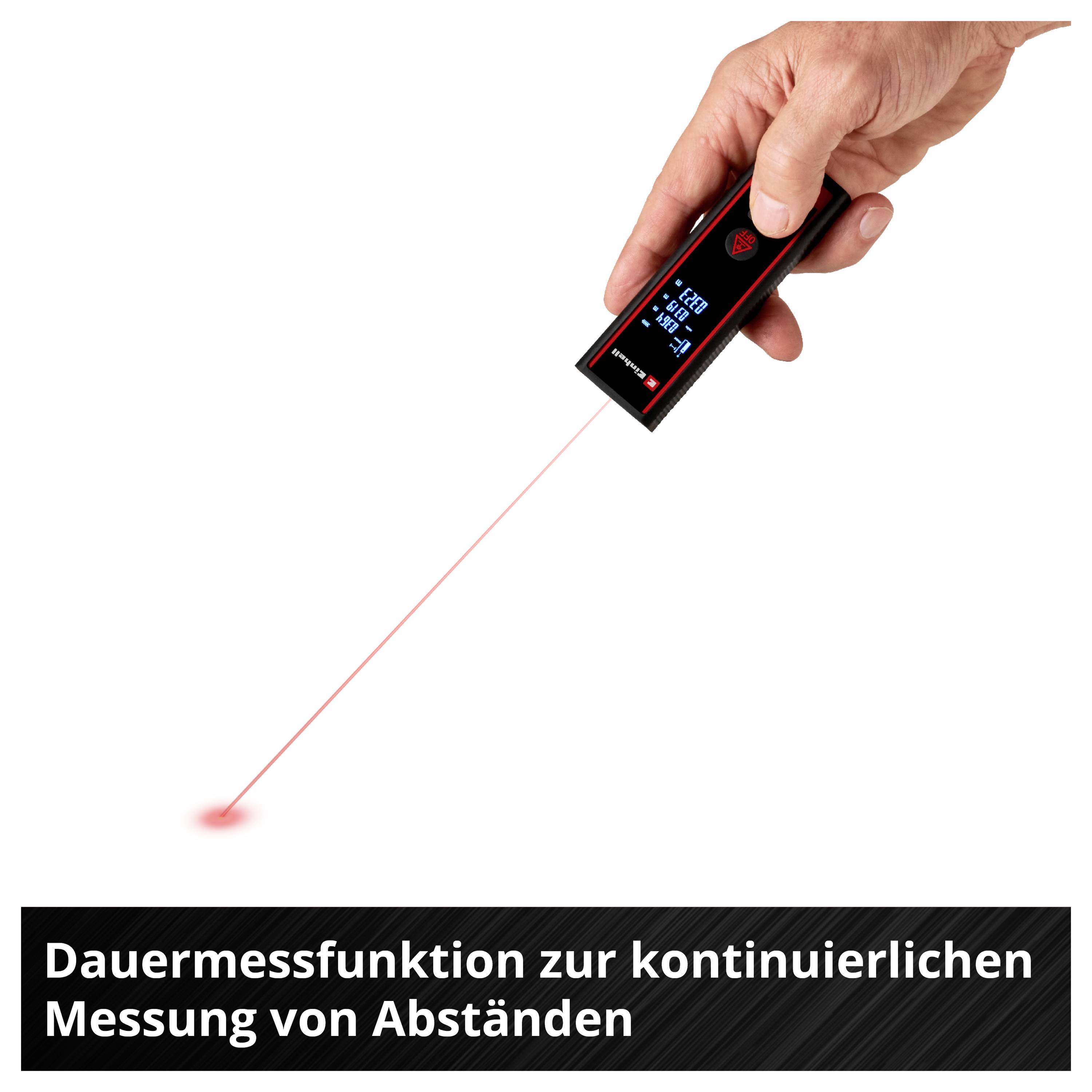 Hand hält ein Laser-Entfernungsmesser, der einen roten Laserstrahl auf den Boden ausrichtet. Text unten: 'Dauermessfunktion zur kontinuierlichen Messung von Abständen'.