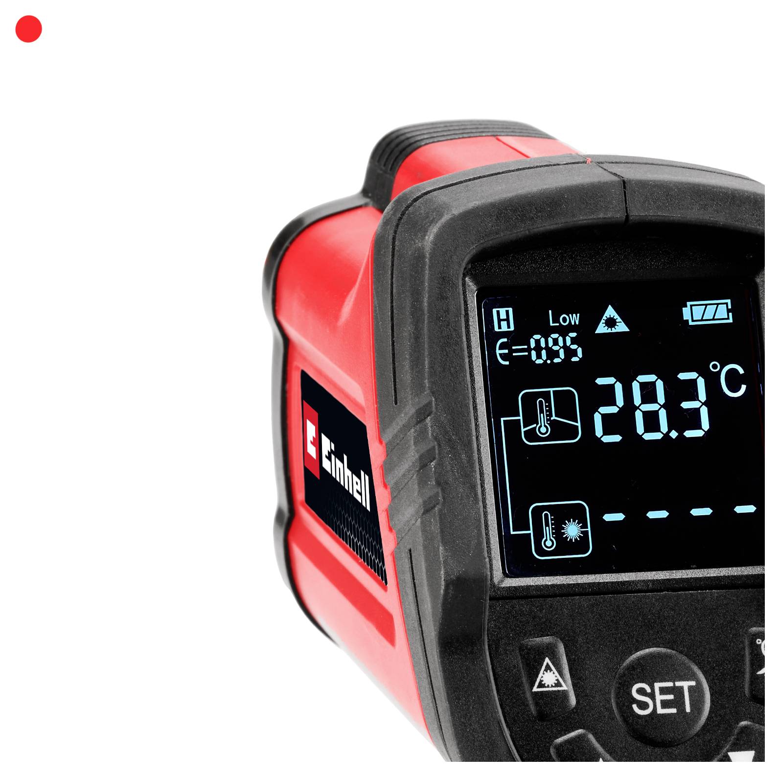 Eine digitale Anzeige an einem Heizgerät zeigt eine Temperatur von 28,3°C, mit Symbolen, die Betriebsmodi und Einstellungen für Heizung und Kühlung anzeigen.