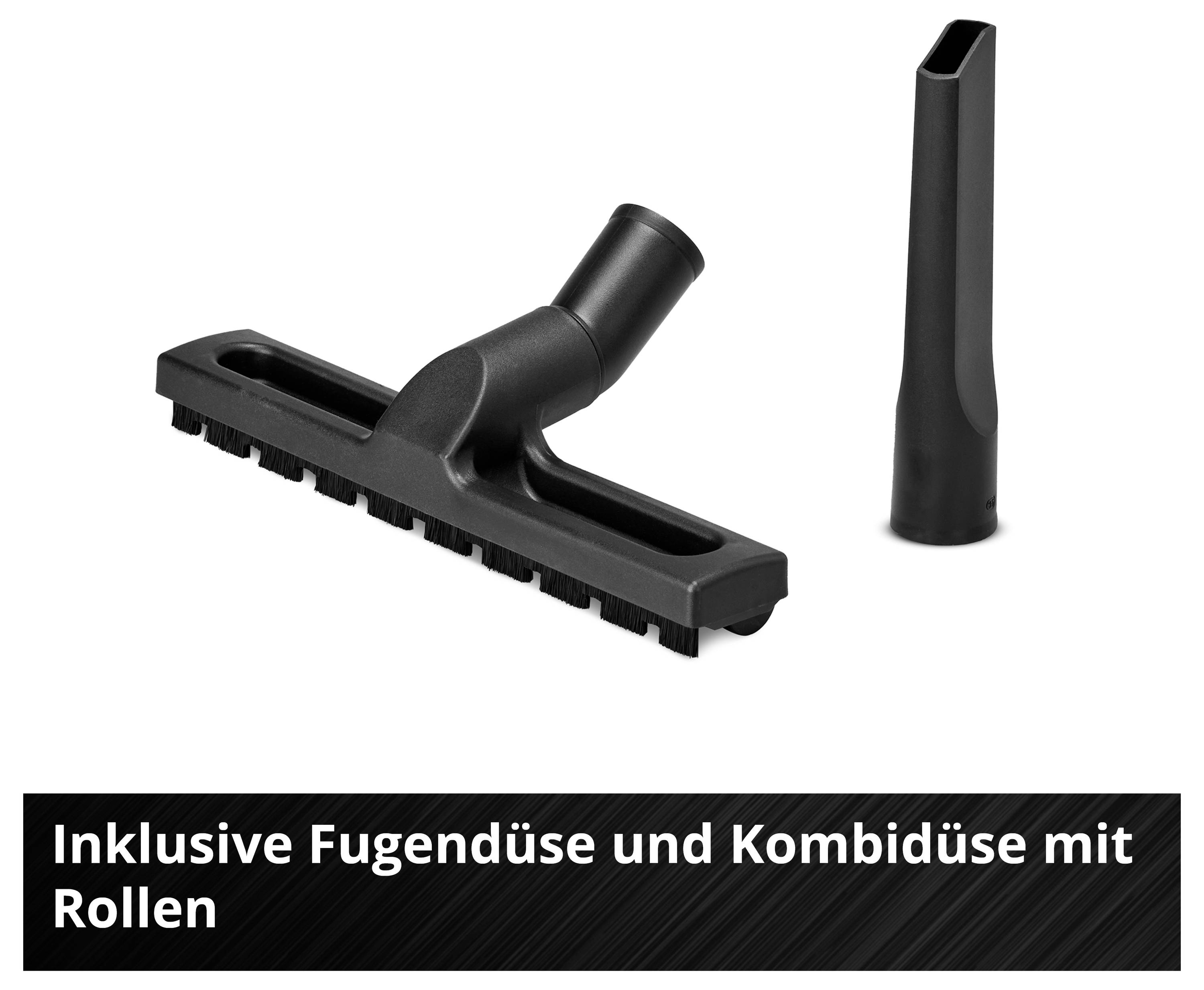 Auf dem Bild sind eine Fugendüse und eine Kombidüse mit Rollen abgebildet, die bei einem Staubsauger enthalten sind.