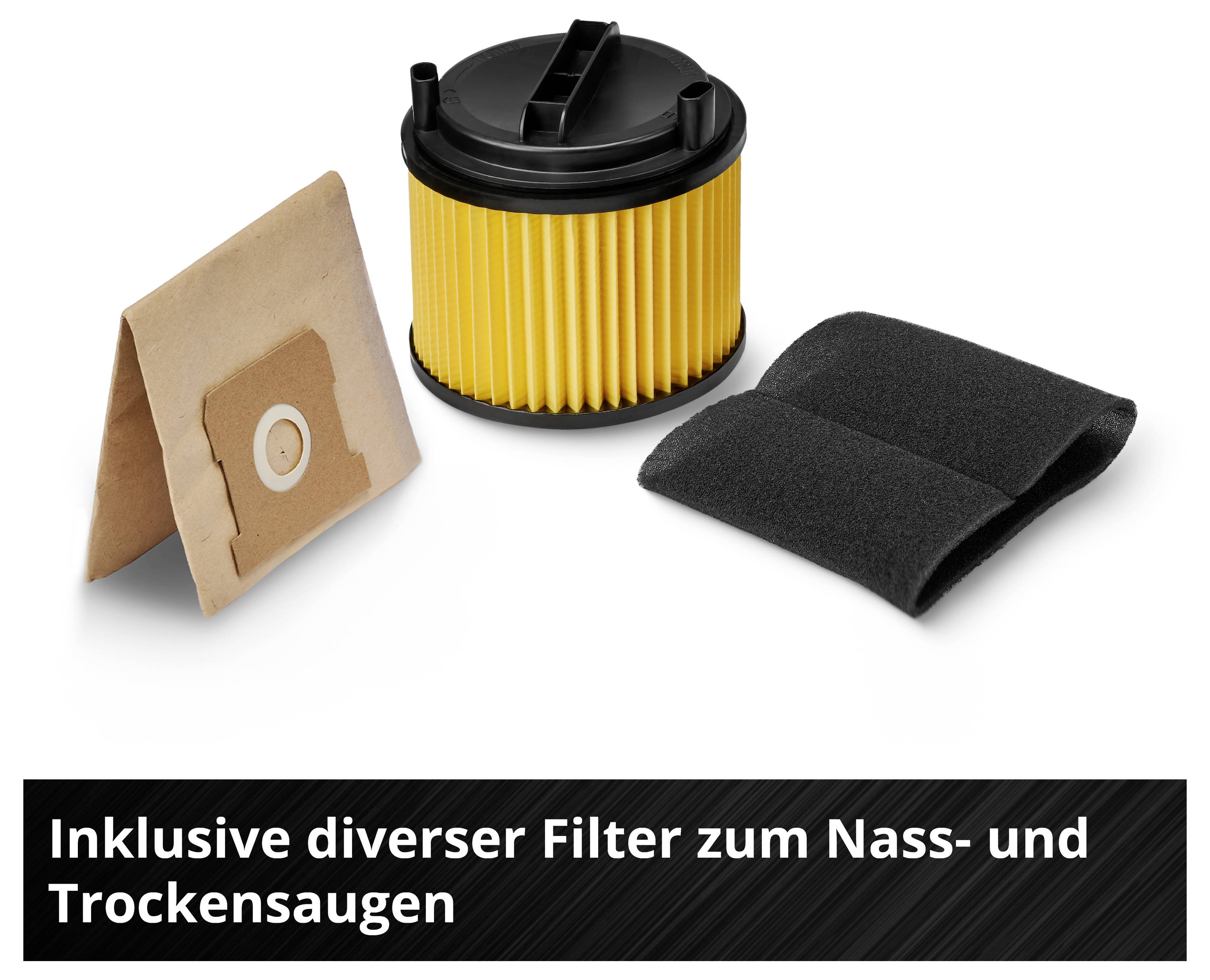 'Diverse Filter zum Nass- und Trockensaugen. Abgebildet sind ein gelber Faltenfilter, ein Staubbeutel und zwei schwarze Schaumstofffilter.'
