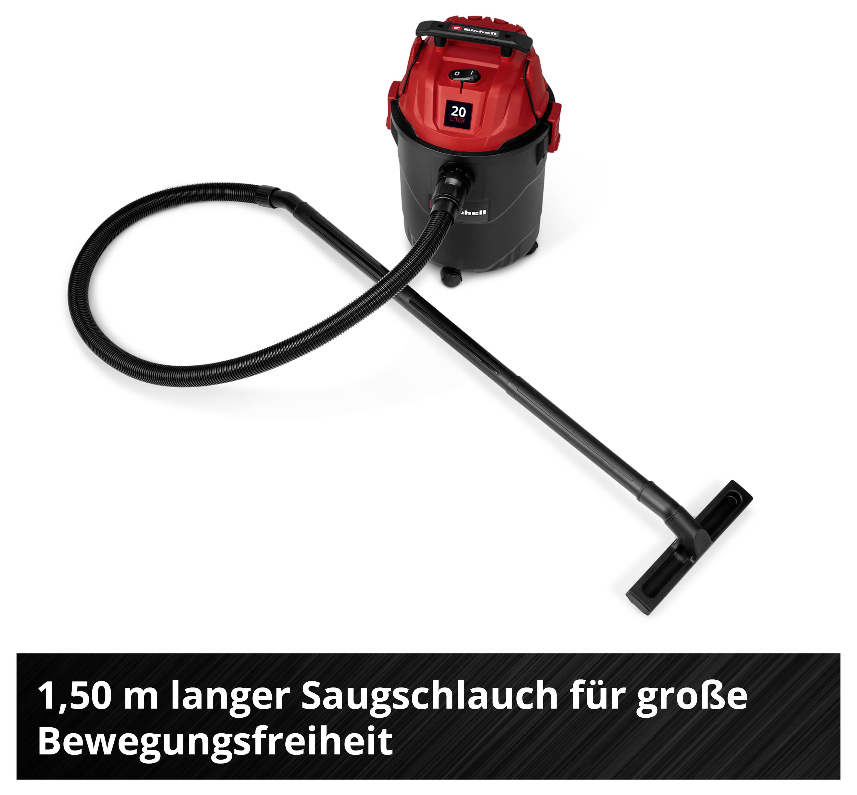 Ein roter und schwarzer Industriestaubsauger mit einem 1,50 m langen Saugschlauch, geeignet für große Bewegungsfreiheit.