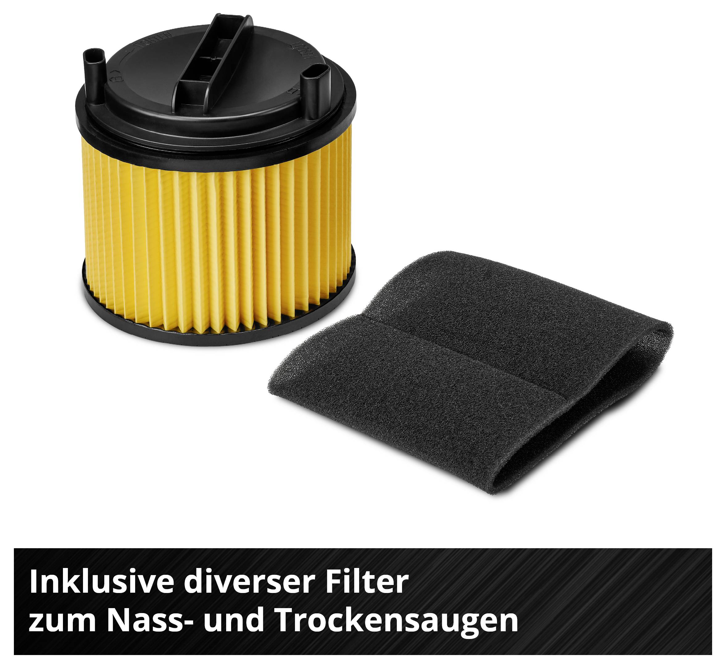 Ein gelber Filter und ein schwarzer Schwamm für Nass- und Trockensauger. Text: 'Inklusive diverser Filter zum Nass- und Trockensaugen'.