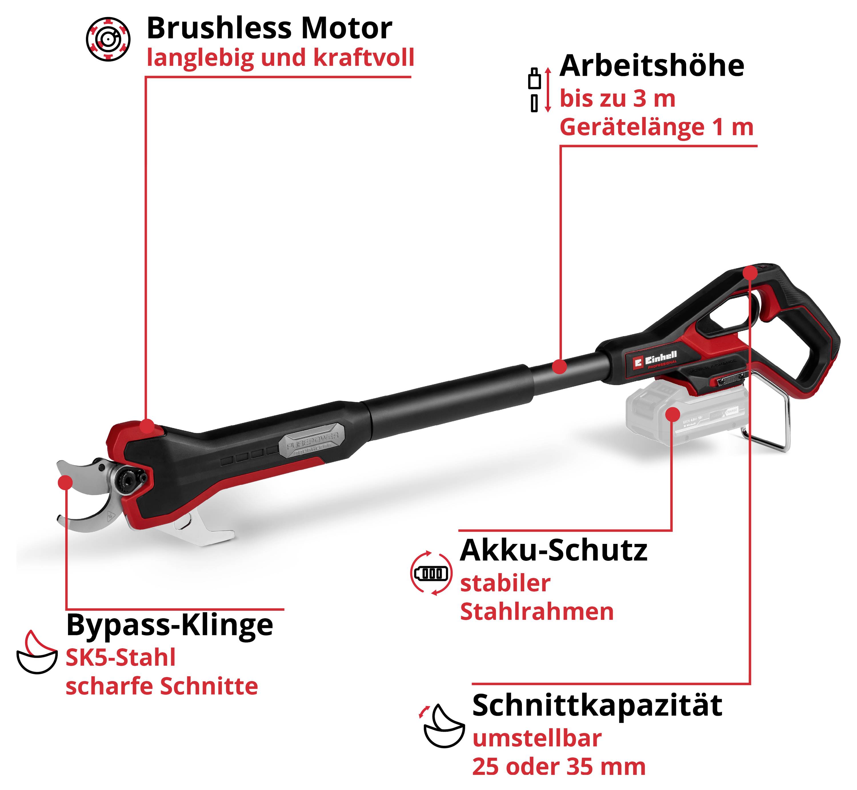 Elektrische Baumschere mit Brushless Motor, Bypass-Klinge und akkubetrieben. Arbeitshöhe bis 3 m, Schnitttiefe 25/35 mm. Akku-Schutz vorhanden.