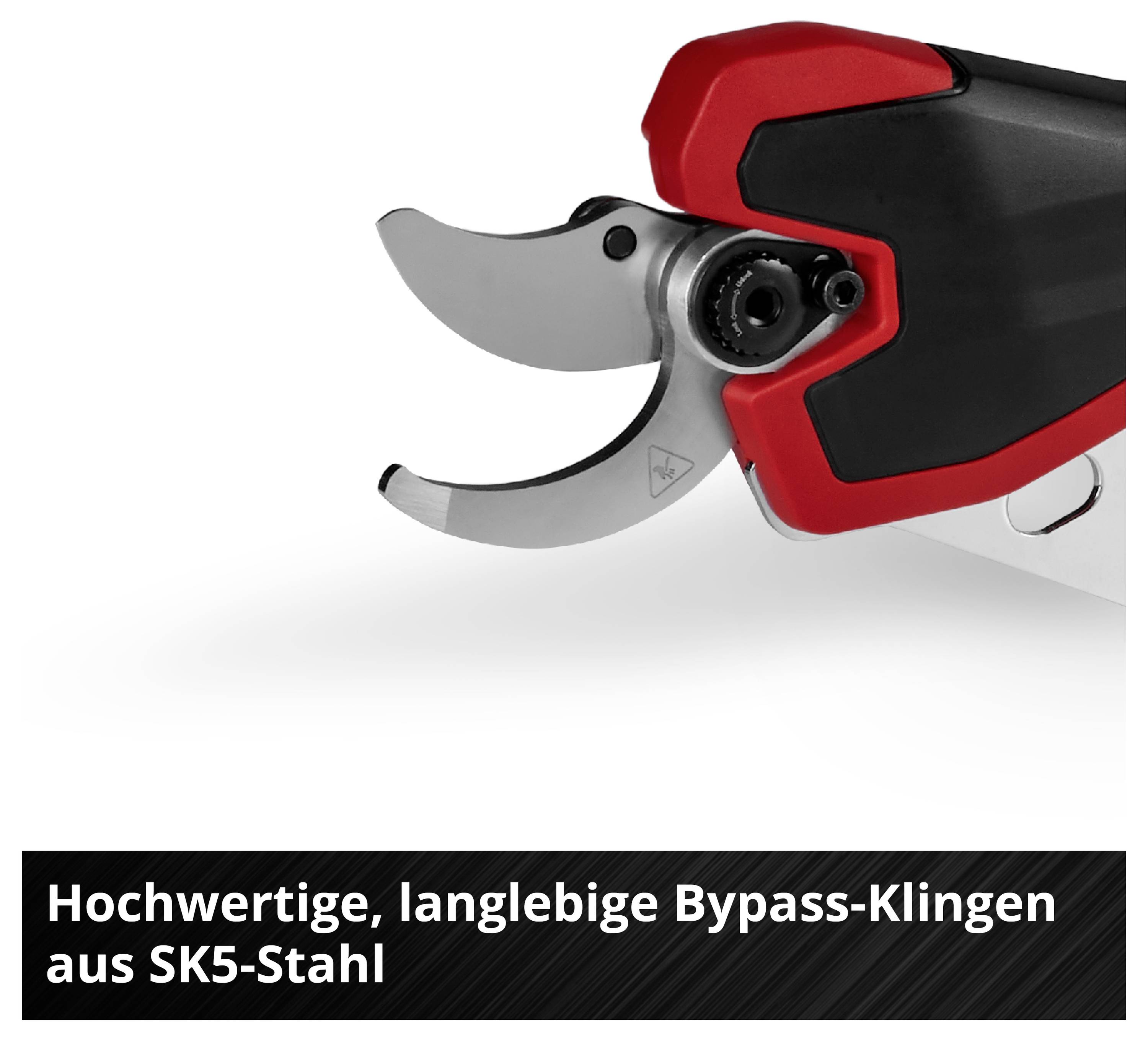 Detailaufnahme einer Astschere mit rotem Griff und silbernen Bypass-Klingen. Text: 'Hochwertige, langlebige Bypass-Klingen aus SK5-Stahl'.