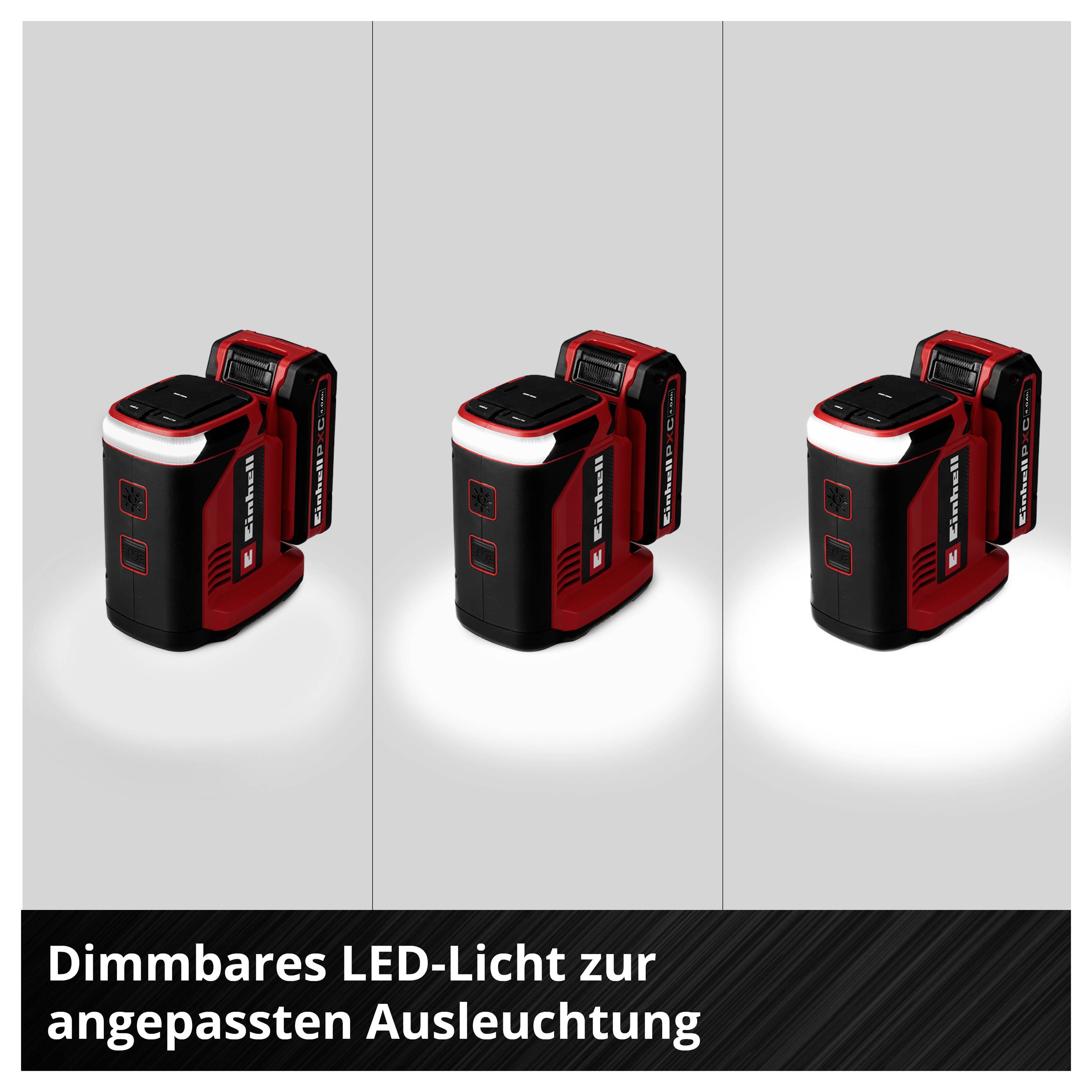 'Drei LED-Lichter zeigen unterschiedliche Helligkeitsstufen; dimmbar für angepasste Ausleuchtung. Produkt in Rot und Schwarz.'