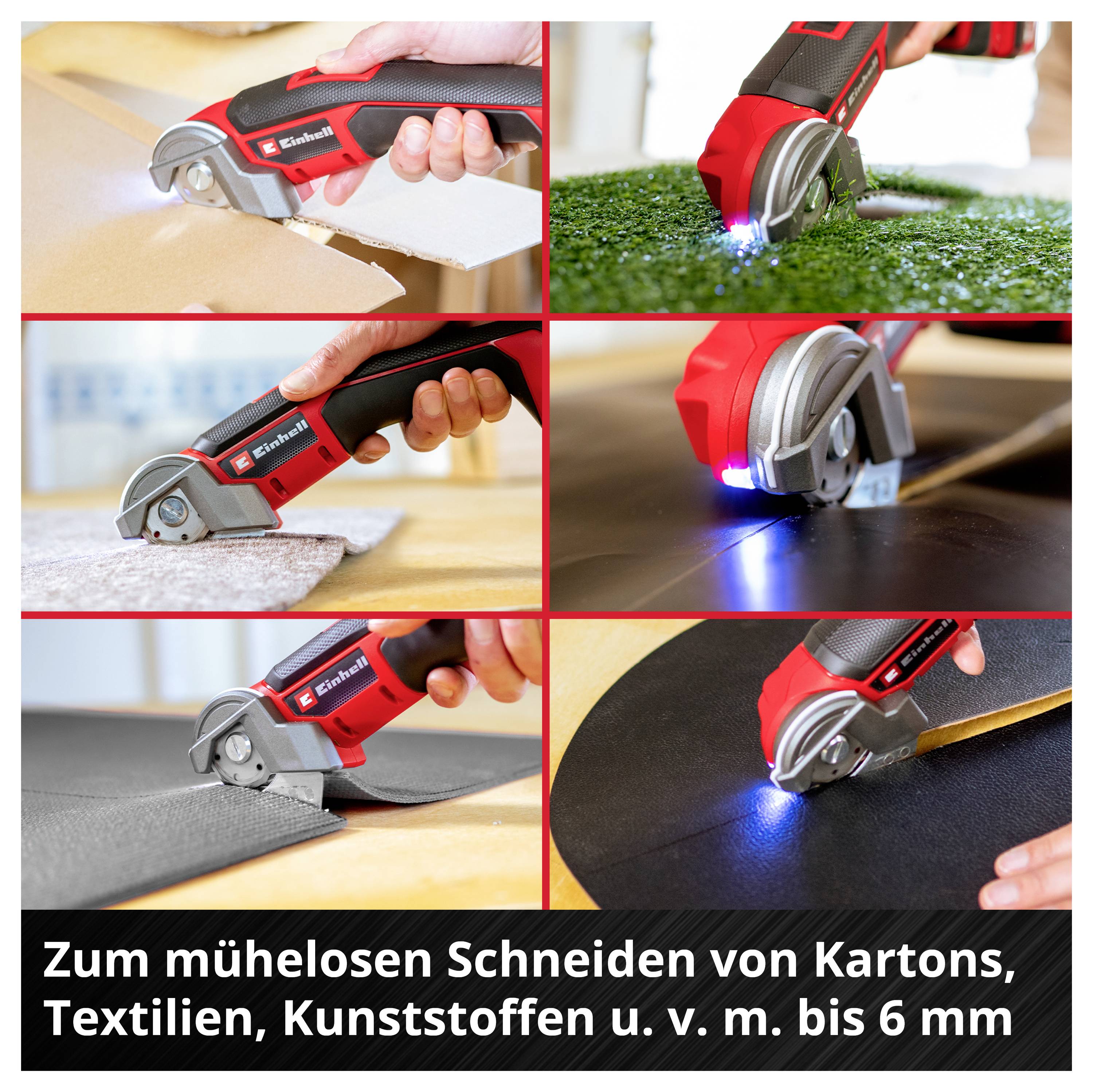 Bild zeigt ein rotes Schneidewerkzeug beim Durchtrennen verschiedener Materialien wie Karton, Textilien und Kunststoffe.