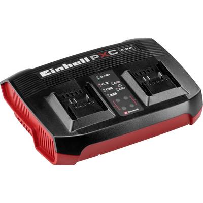'Einhell PXC' Ladegerät-Duo; zwei schwarze, rote Ladegeräte mit LED-Anzeigen für Lithium-Ionen-Akkus; Power X-Change System.