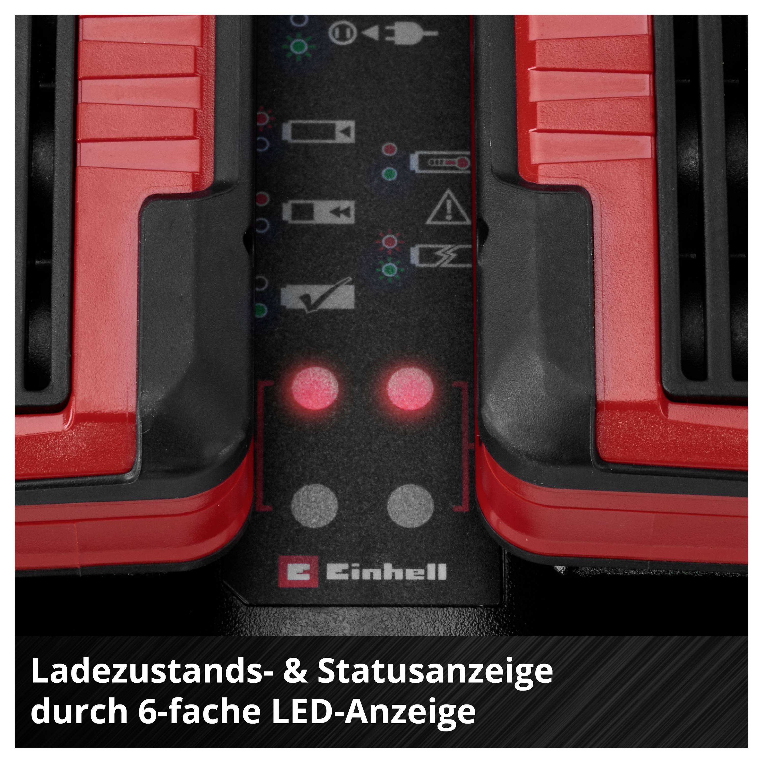 'Ladezustands- und Statusanzeige mit 6-facher LED-Anzeige von Einhell, zeigt den aktuellen Ladevorgang und Status an.'