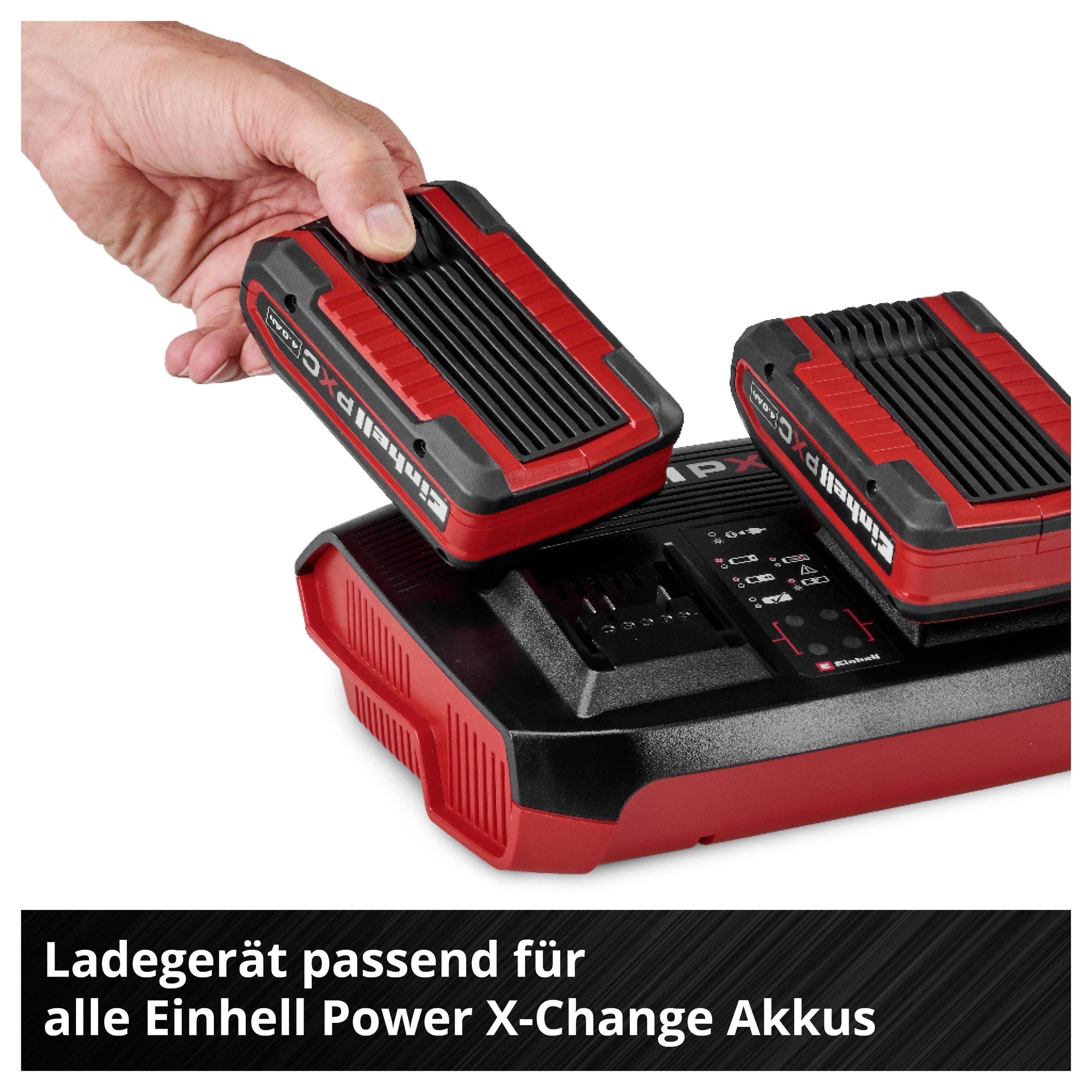 'Einhell Ladegerät, passend für alle Power X-Change Akkus.' Zwei Akkus werden auf das Ladegerät gelegt.