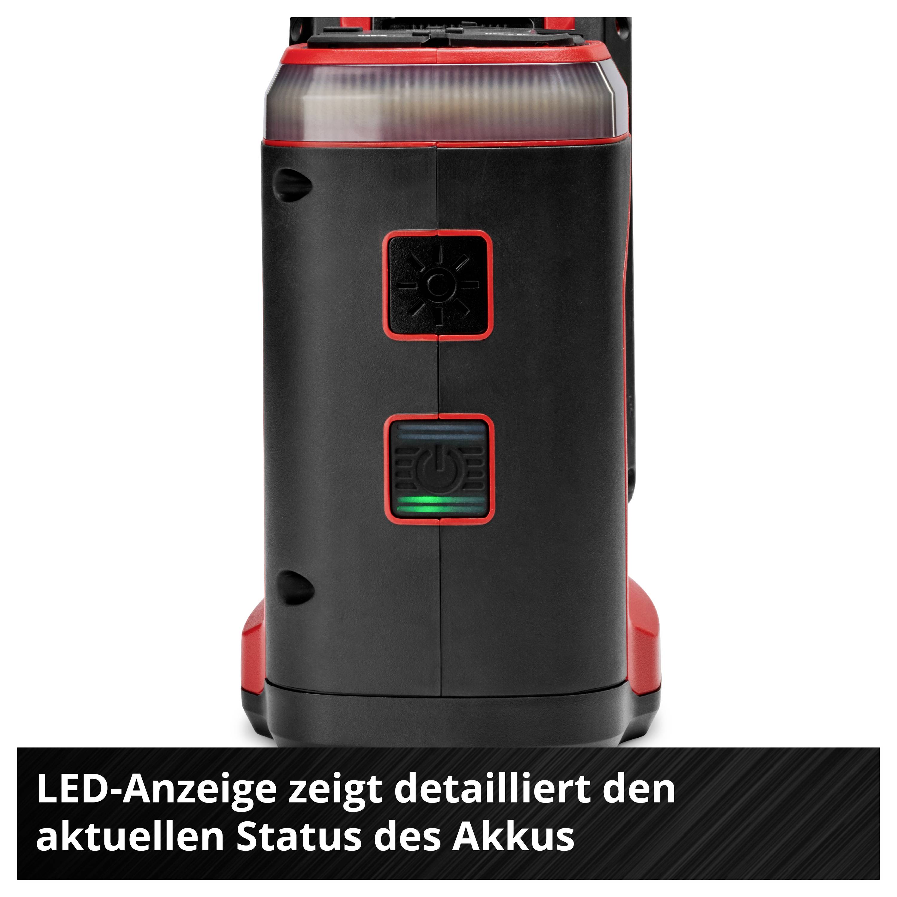Gerät mit rot-schwarzem Gehäuse und LED-Anzeige. Text: 'LED-Anzeige zeigt detailliert den aktuellen Status des Akkus'.
