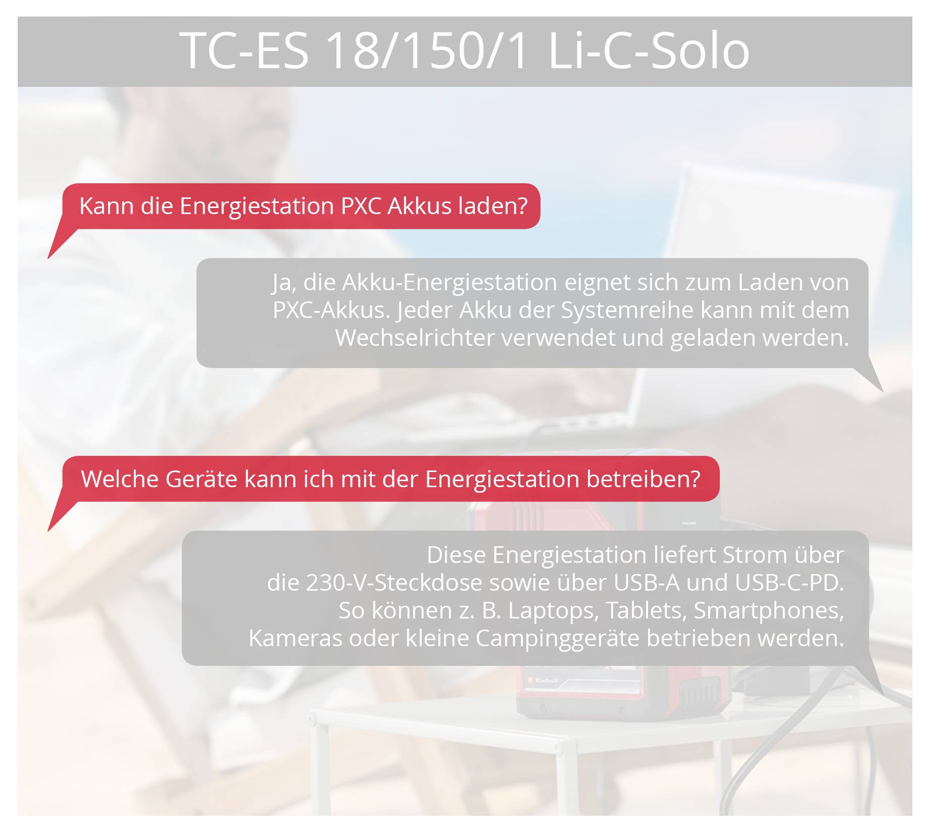 Infografik zur 'TC-ES 18/150/1 Li-C Solo': Die Energiestation lädt PXC-Akkus und versorgt 230-V-, USB-A- und USB-C-Geräte wie Laptops, Tablets und Smartphones.