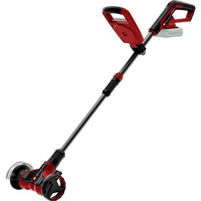 Ein rot-schwarzer kabelloser Rasentrimmer mit verstellbarem Griff und sichtbarem Akkupack, konzipiert für Rasen- und Gartenarbeiten.