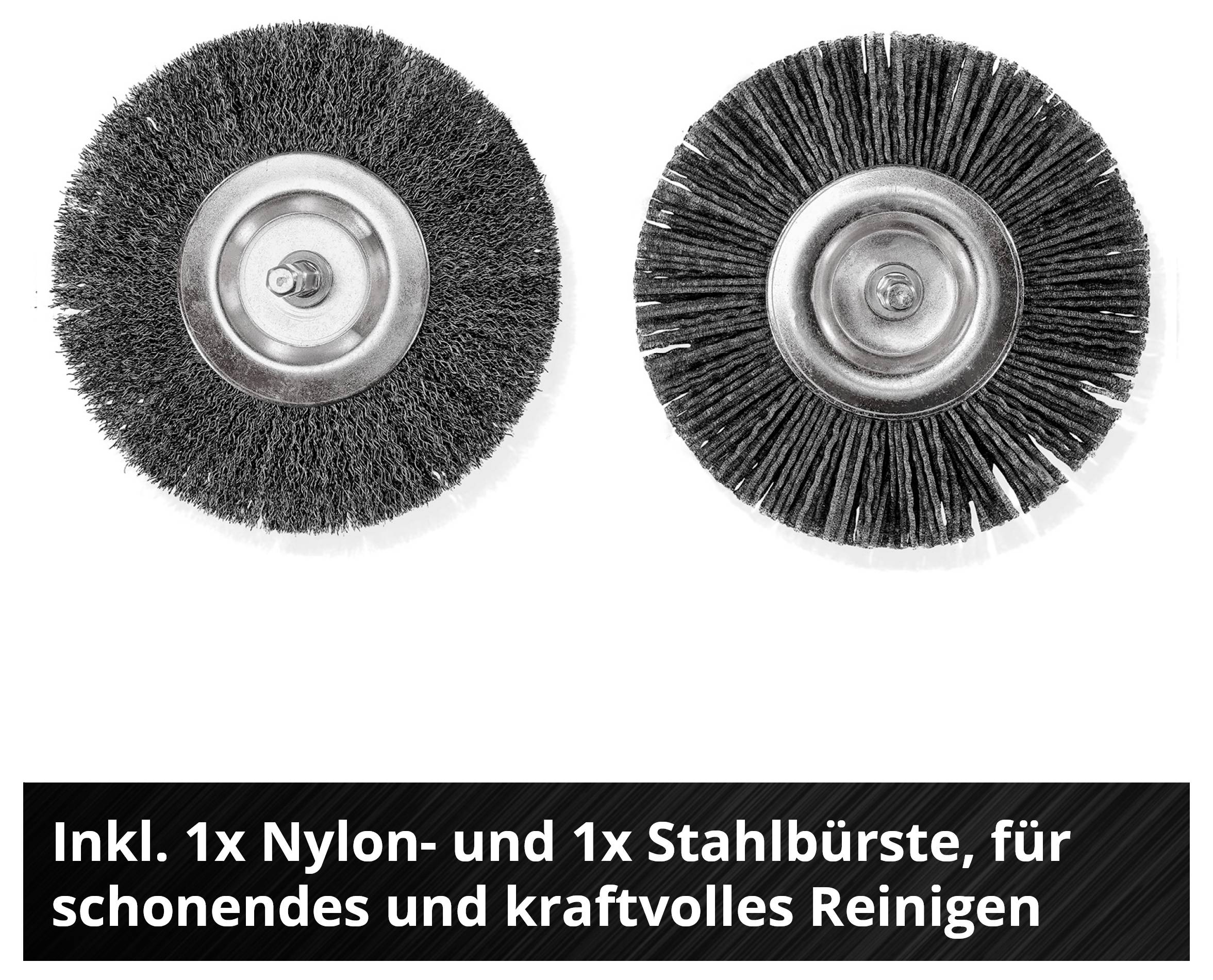 Zwei runde Bürsten, eine aus Nylon, eine aus Stahl, auf weißem Hintergrund. Text unten: 'Inkl. 1x Nylon- und 1x Stahlbürste' für Reinigung.