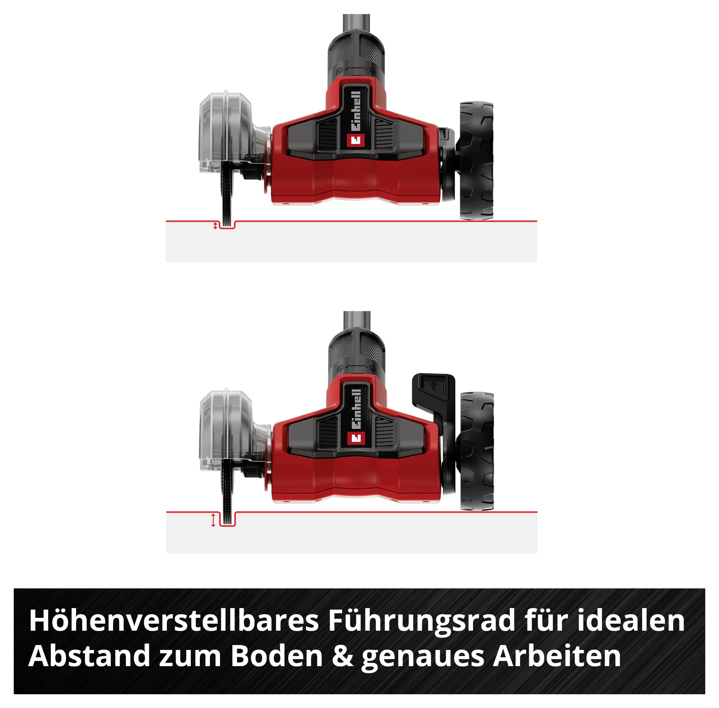 Höhenverstellbares Führungsrad zeigt zwei Positionen: oben für weniger Abstand, unten für mehr. Text: 'Höhenverstellbares Führungsrad für idealen Abstand zum Boden & genaues Arbeiten'.