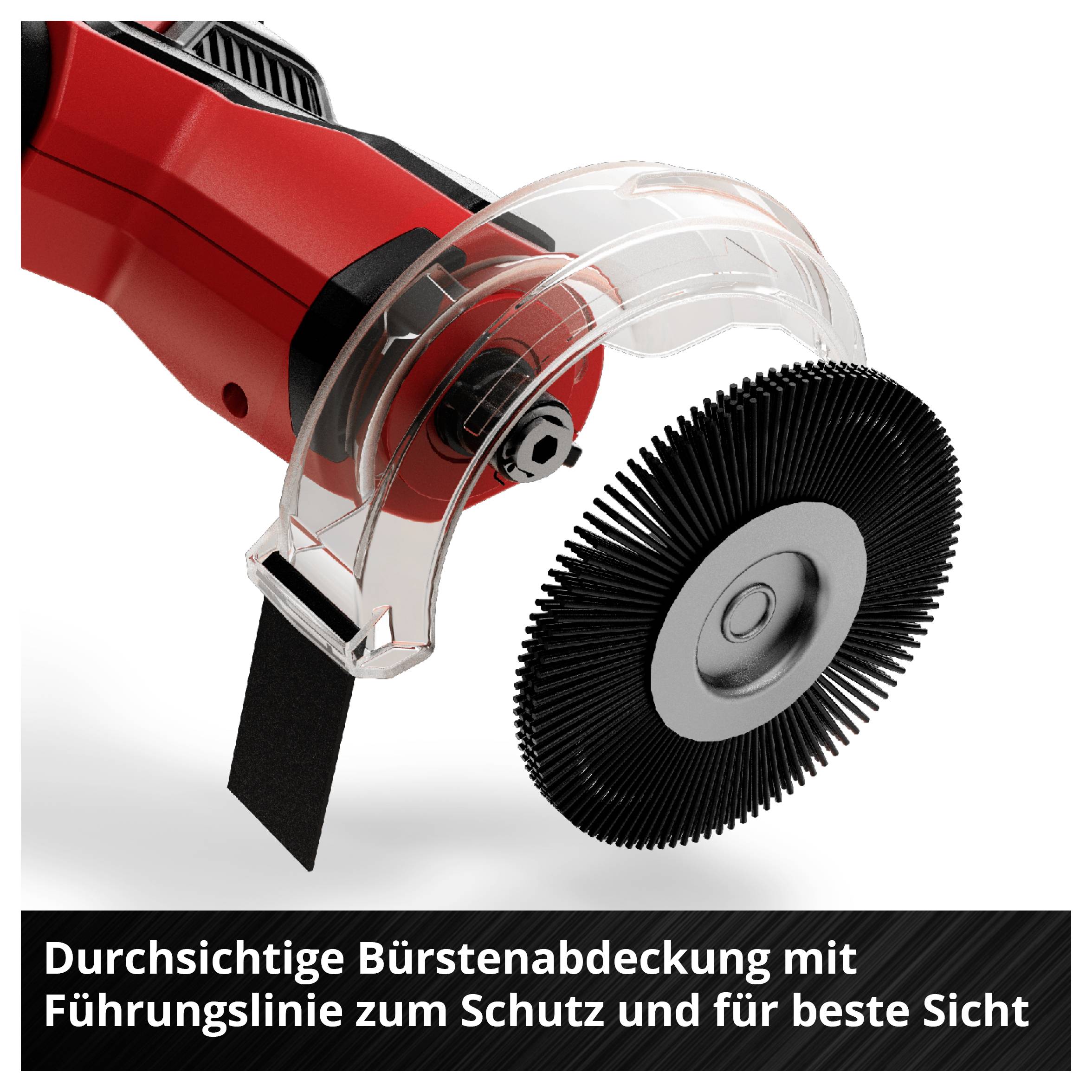 Transparente Bürstenabdeckung an einem roten Werkzeug, mit Führungslinie für Schutz und optimale Sicht.