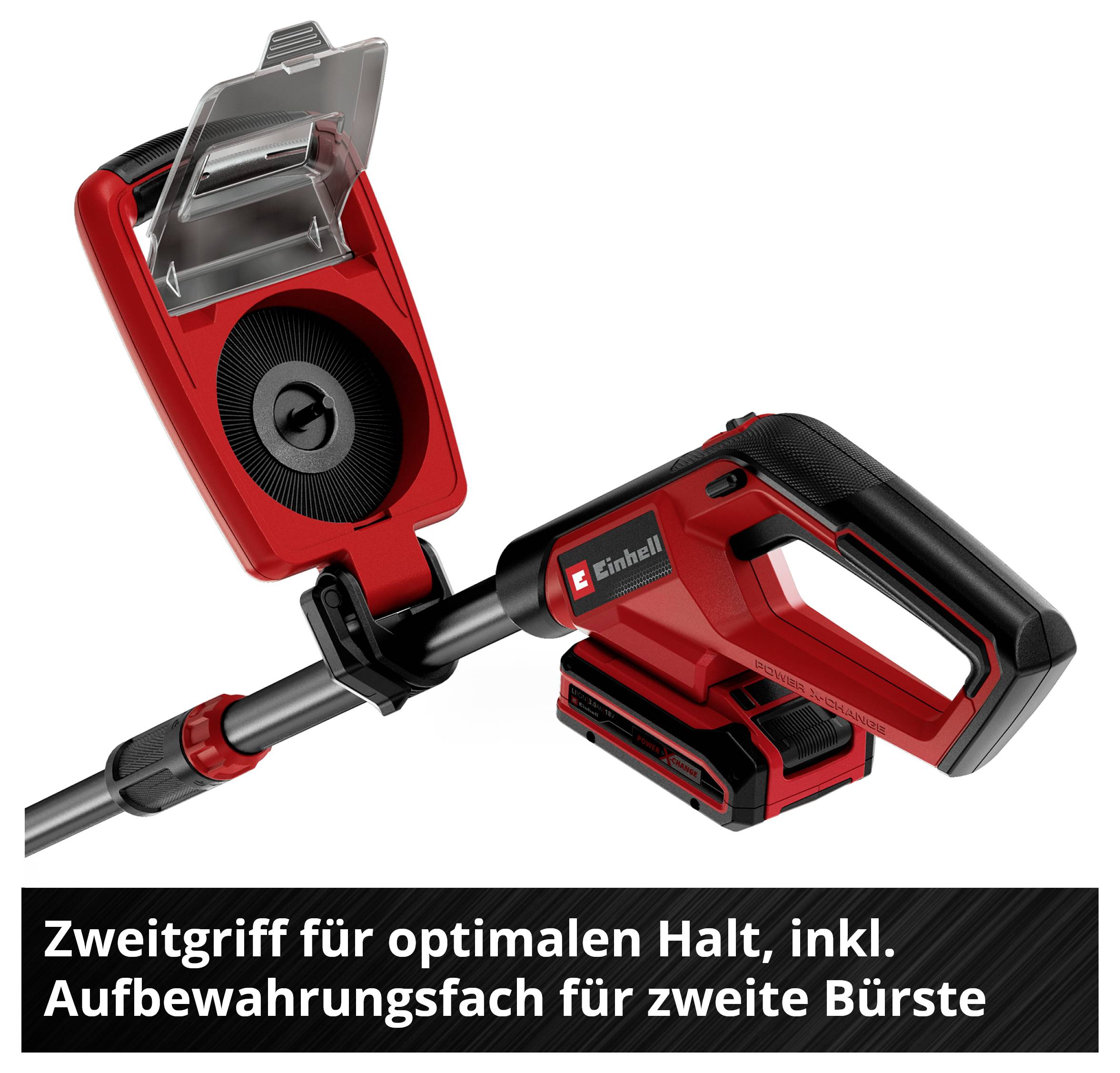 'Akkustaubsauger mit Zweitgriff und Bürstenhalterung. Text: Zweitgriff für optimalen Halt, inkl. Aufbewahrungsfach für zweite Bürste.'