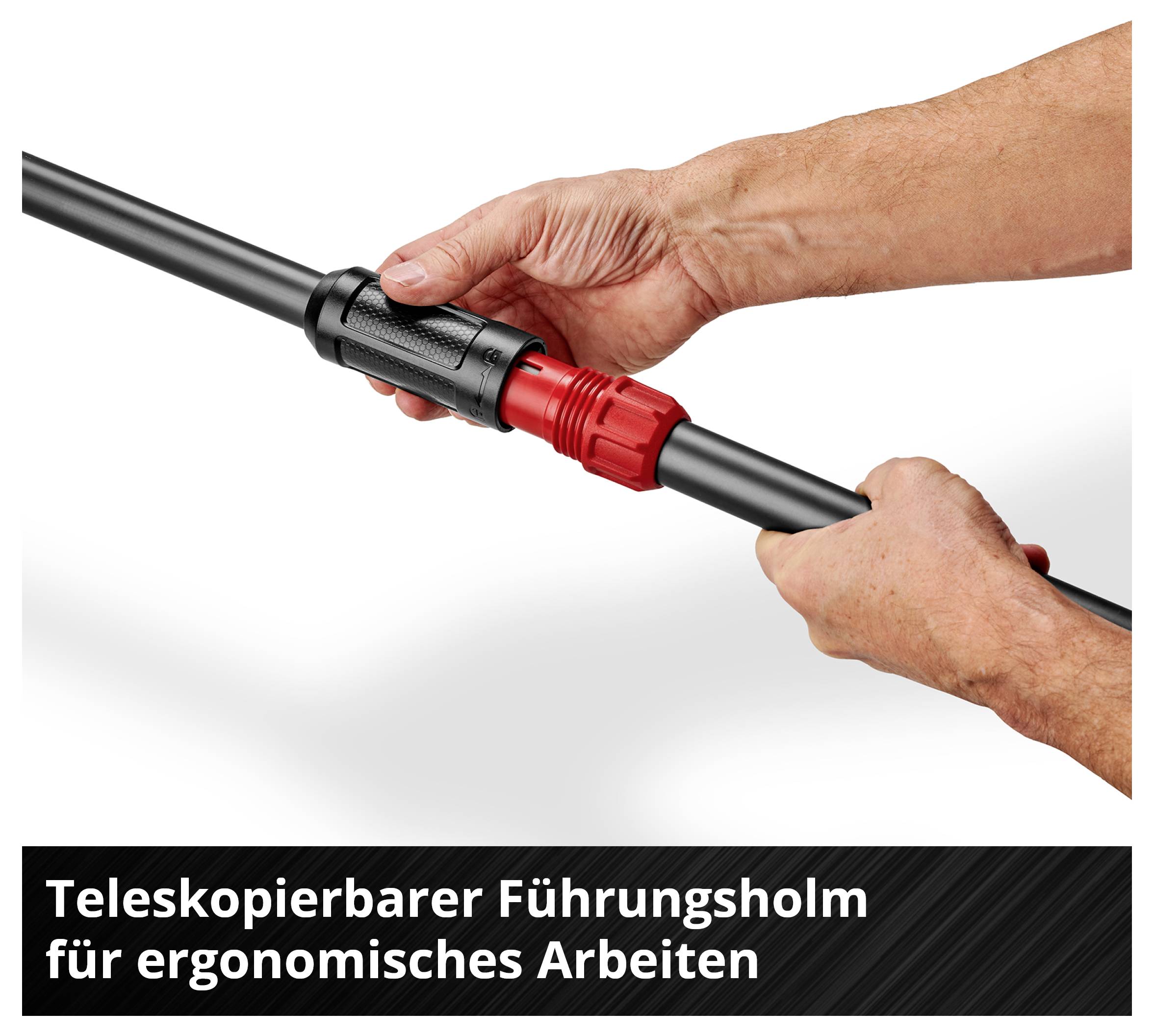 'Mann stellt roten Verriegelungsmechanismus des teleskopierbaren Führungsholms ein.'