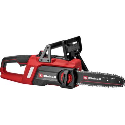 Eine rote und schwarze elektrische Kettensäge mit einer 25 cm Klinge, ausgestattet mit der Marke 'Einhell'. Sie ist für das effiziente Holzschneiden entwickelt.